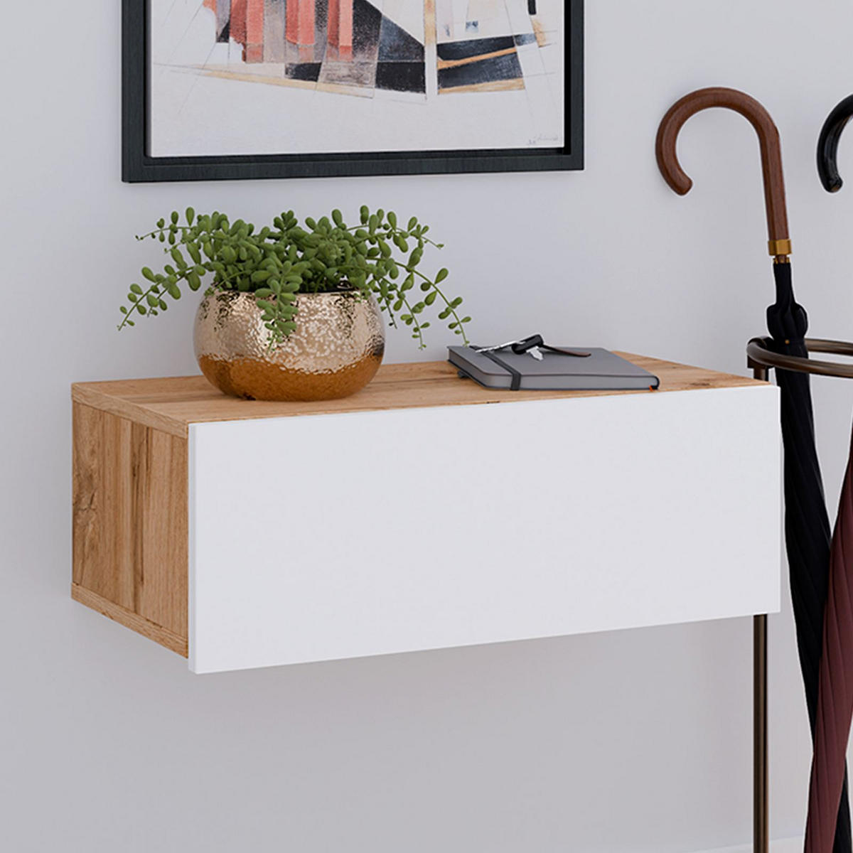 HÄNGENDER NACHTTISCH NANI - Eiche Wotan/Weiß, Holzwerkstoff (60/21/27cm) - IDIMEX