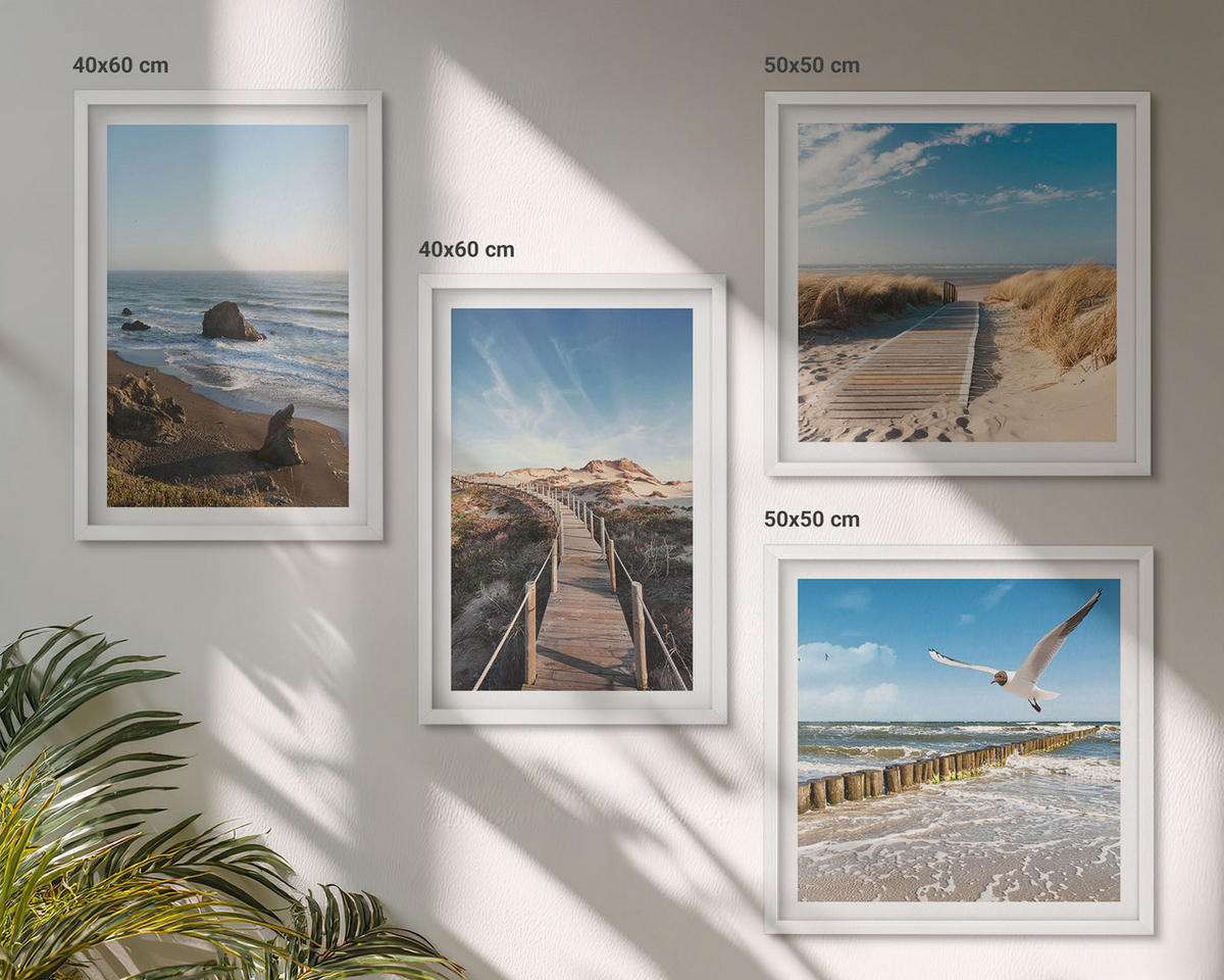 BILDER SET 4er Set - 50x50 cm & 40x60 cm Weißer Rahmen - Strandwellen, Himmelsbrücke, Spaziergang - Weiß, Kunststoff (50/50cm) - TULUP