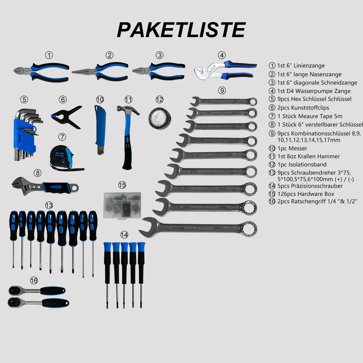 WERKZEUGSET 247 TEILE Kombi-Reparaturwerkzeug, Basis-Set, Blau - Blau, Metall (30/140/40cm) - Novahome