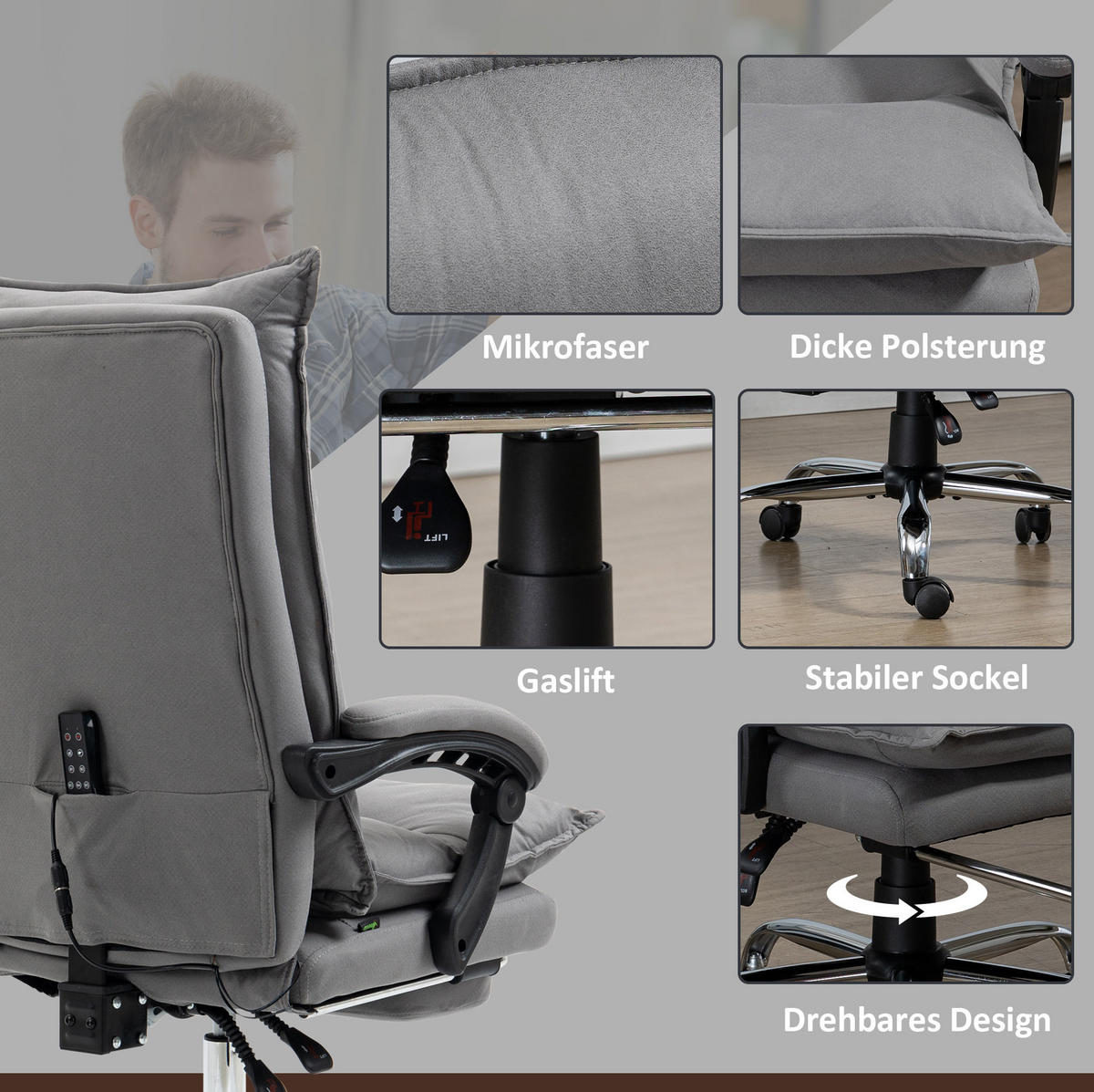 DREHSTUHL 66/114-121,5/74 cm Grau aus Polyester mit Massagefunktion - Grau, Kunststoff (74/121.5/66cm) - OKMYHOME
