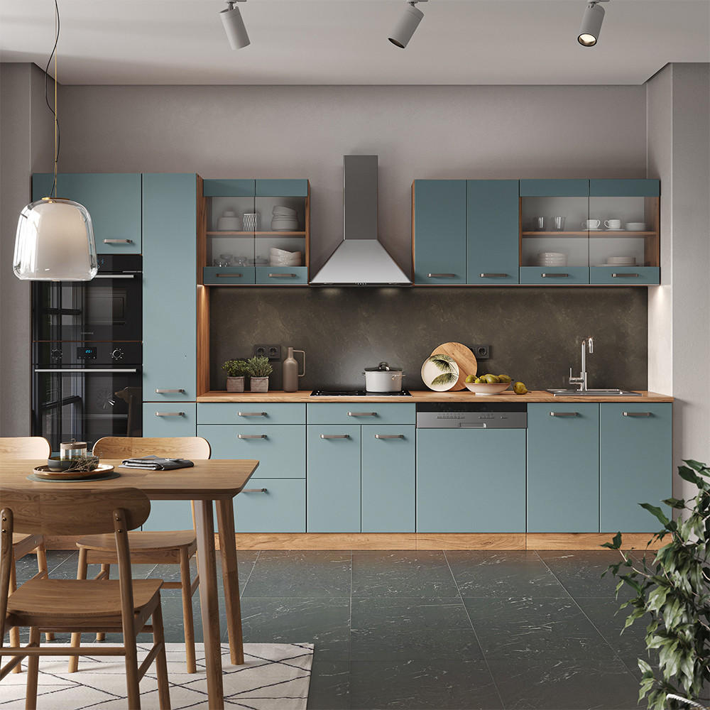 KÜCHENZEILE R-Line Blau-Grau/Goldkraft Eiche 350 cm mit Hochschrank, ohne AP - Eiche Wotan/Blaugrau, Holzwerkstoff (350/81.6/46cm) - Vicco