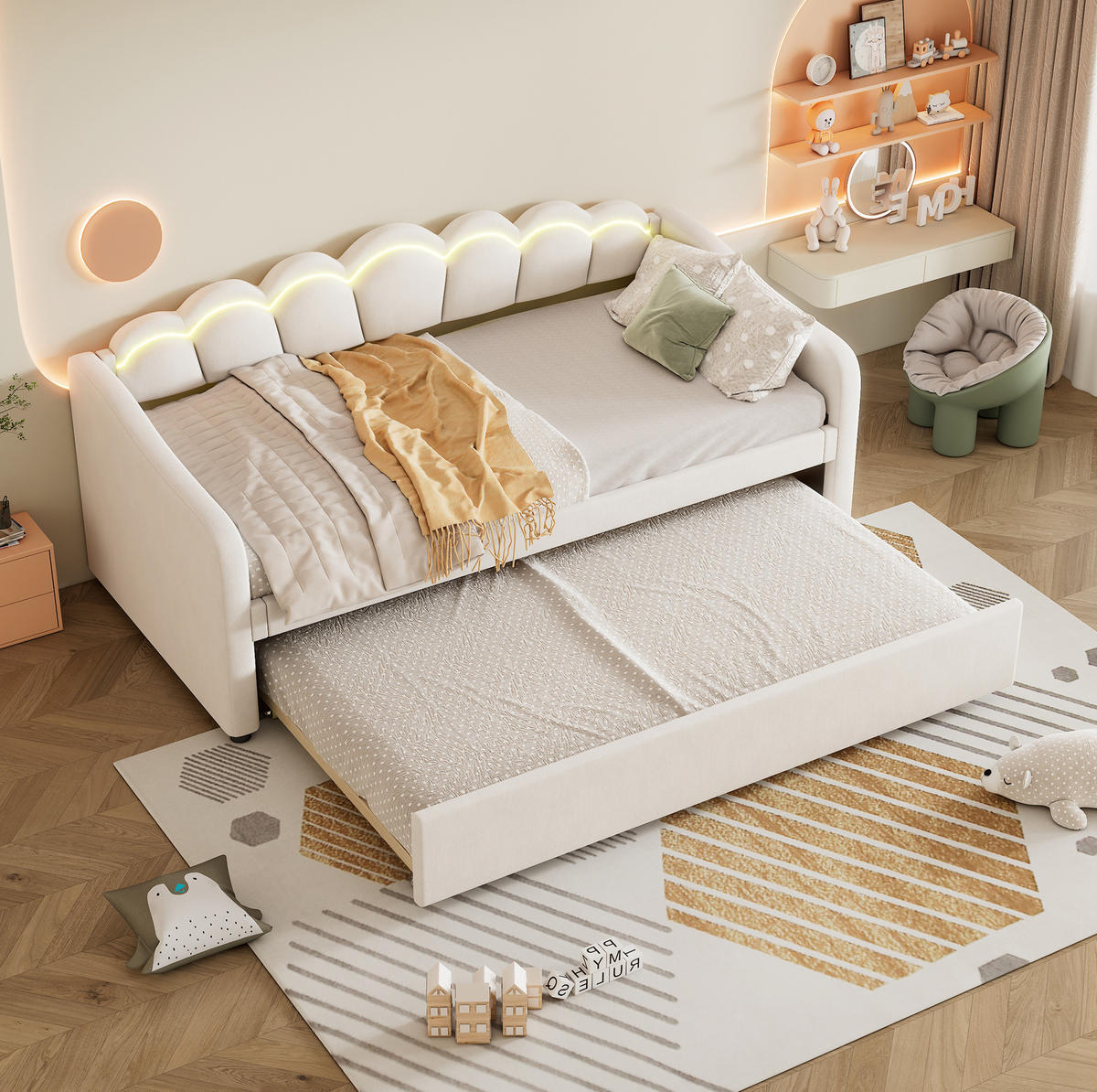POMOŽNA postelja iz žameta in MDF 90x200 cm bež z izvlečnim ležiščem, LED osvetlitvijo in minimalističnim dizajnom - bež, tekstil (90/200cm) - Modfu