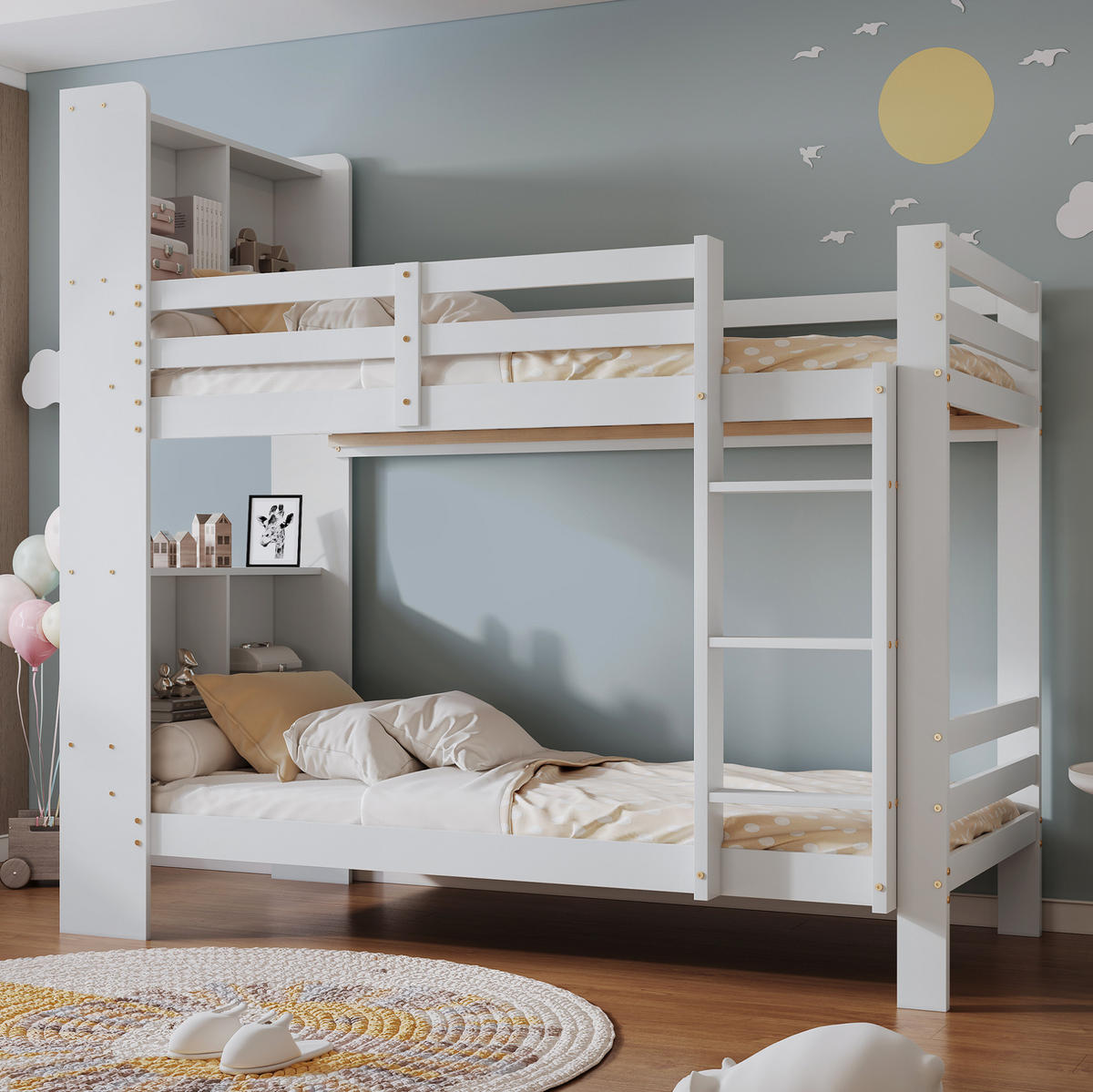 ETAGENBETT 90/200 cm Weiß mit Regalen und sicherer Leiter aus Massivholz - Weiß, Holzwerkstoff (90/200cm) - OKWISH