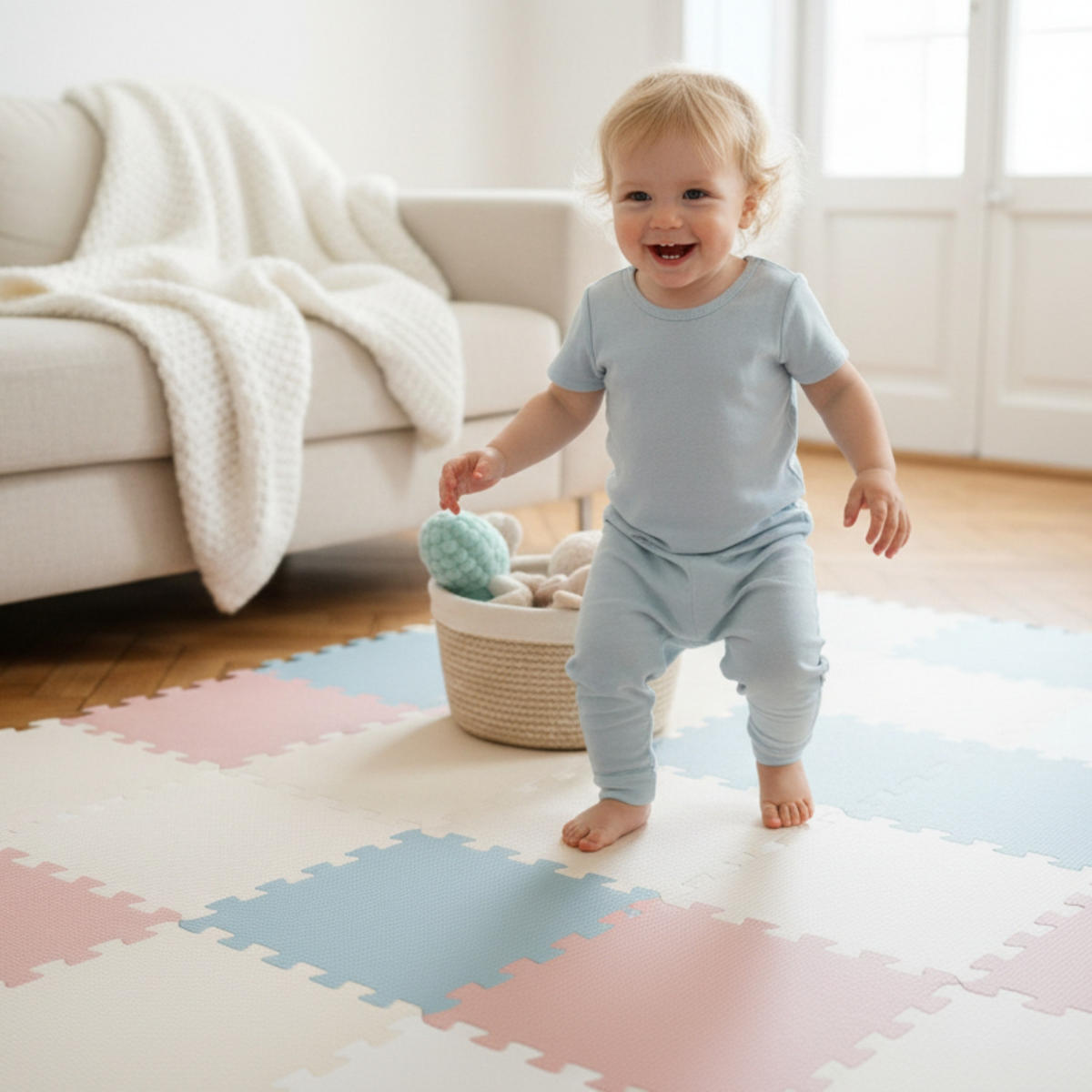 SPIELMATTE ab Null - 360/120/1 cm Puzzlematte Rosa/Beige/Weiß/Graublau - Multicolor, Kunststoff (30/30cm) - Littletom