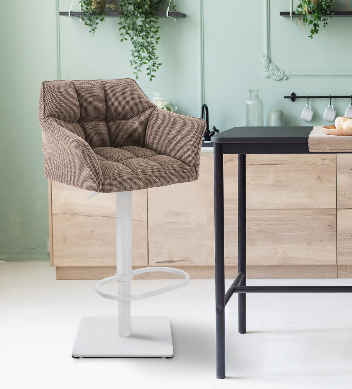 BARHOCKER 2er Set Damaskus Stoff weiß terrabraun - Braun/Weiß, Textil/Metall (64/110/48cm) - TPFLiving