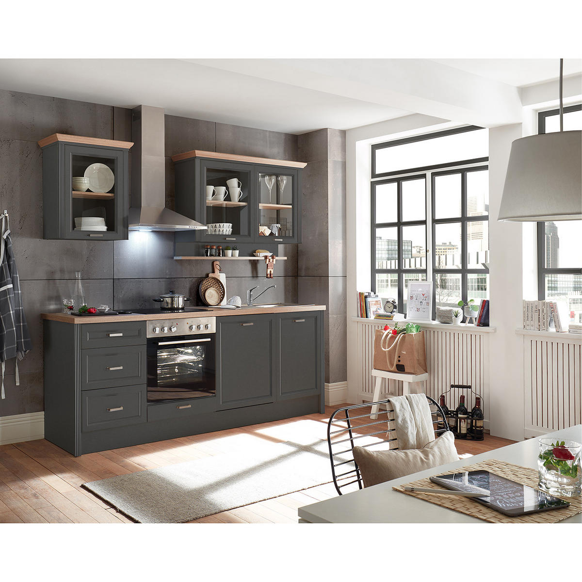 KÜCHENZEILE - Anthrazit, Holzwerkstoff (235/217/60cm) - home24