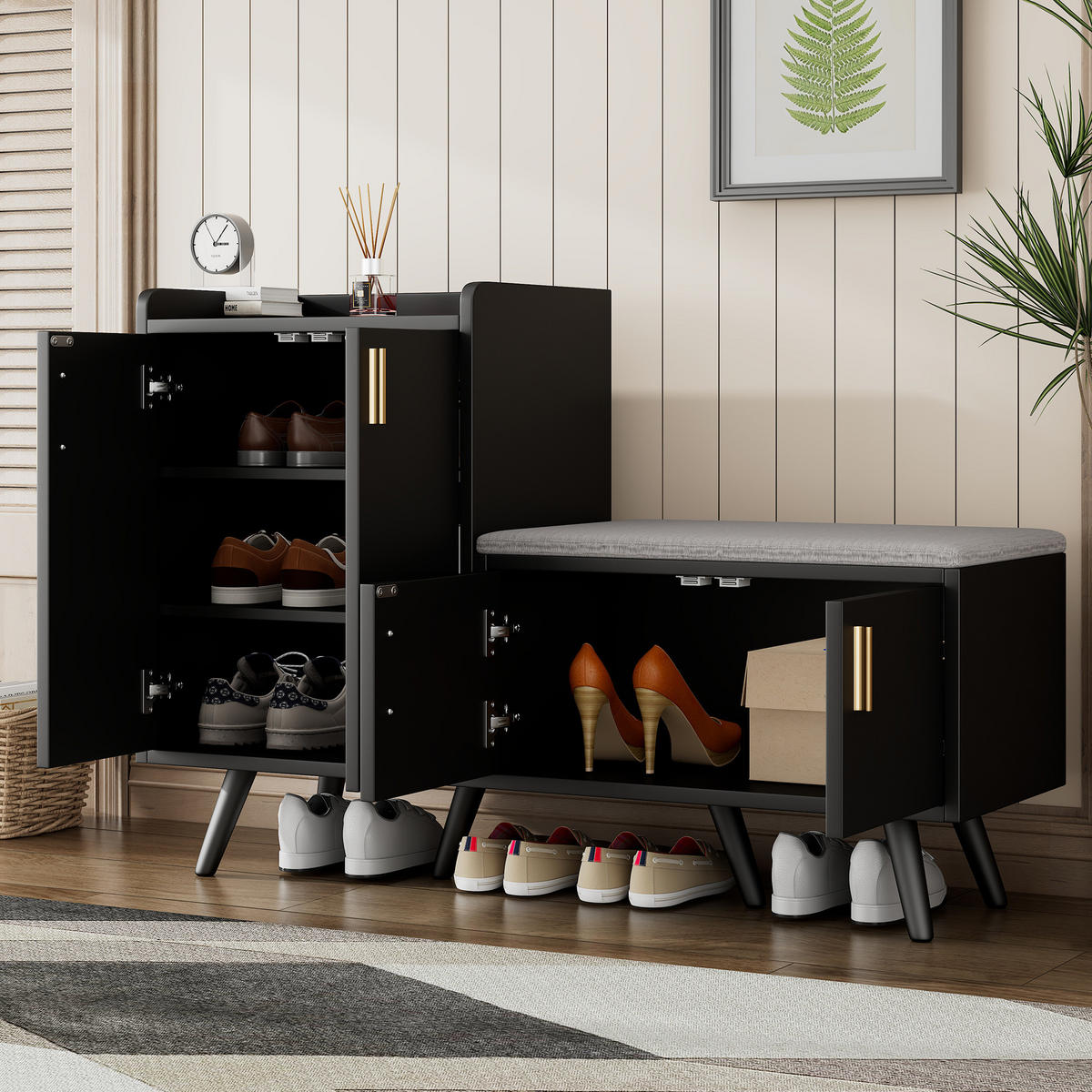 SCHUHSCHRANK 120/34/82 cm in Schwarz/Dunkelwalnuss mit gepolsterter Sitzfläche - Schwarz, Holzwerkstoff (120/82/34cm) - Flora Grace