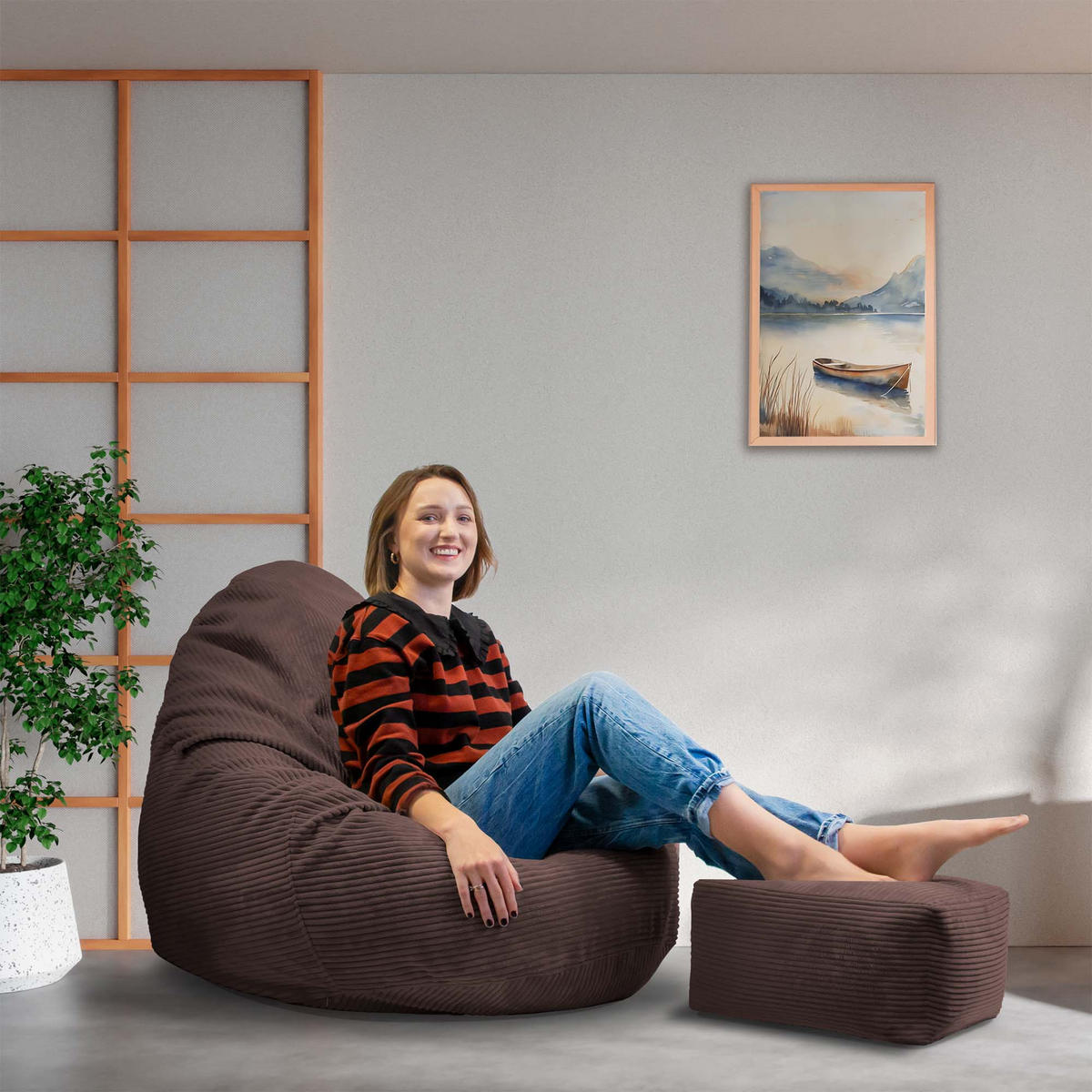 SITZSACK PARADISE MIT FUßSTÜTZE Kordsamt 2-tlg Dark Chocolate M - Dunkelbraun/Braun, Textil (90/100/90cm) - Dreamroots