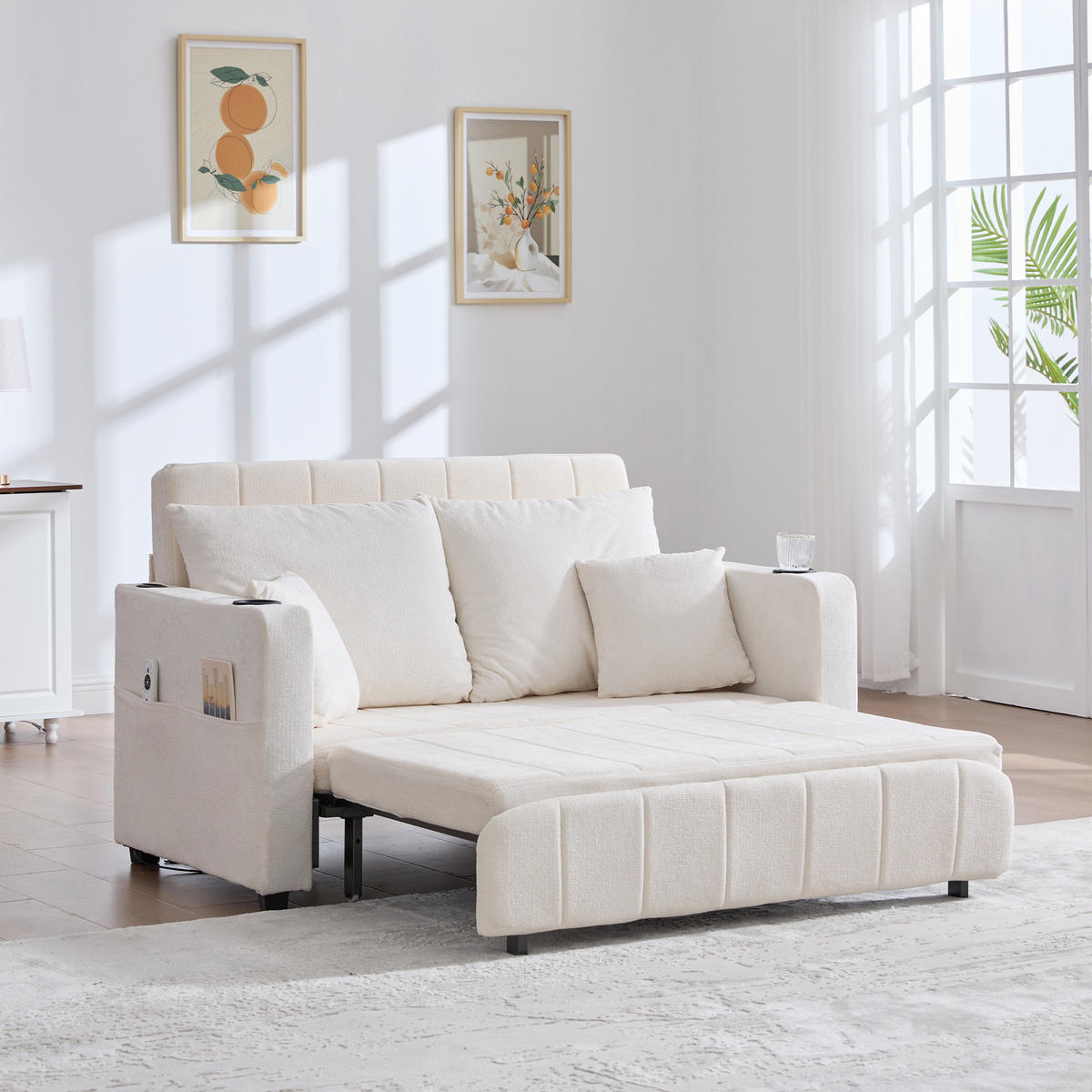 SOFA klappbar mit 4 Kissen und USB-Ladefunktion Chenille Beige 139/83/58 cm - Beige, Textil (139/83/73cm) - OKWISH