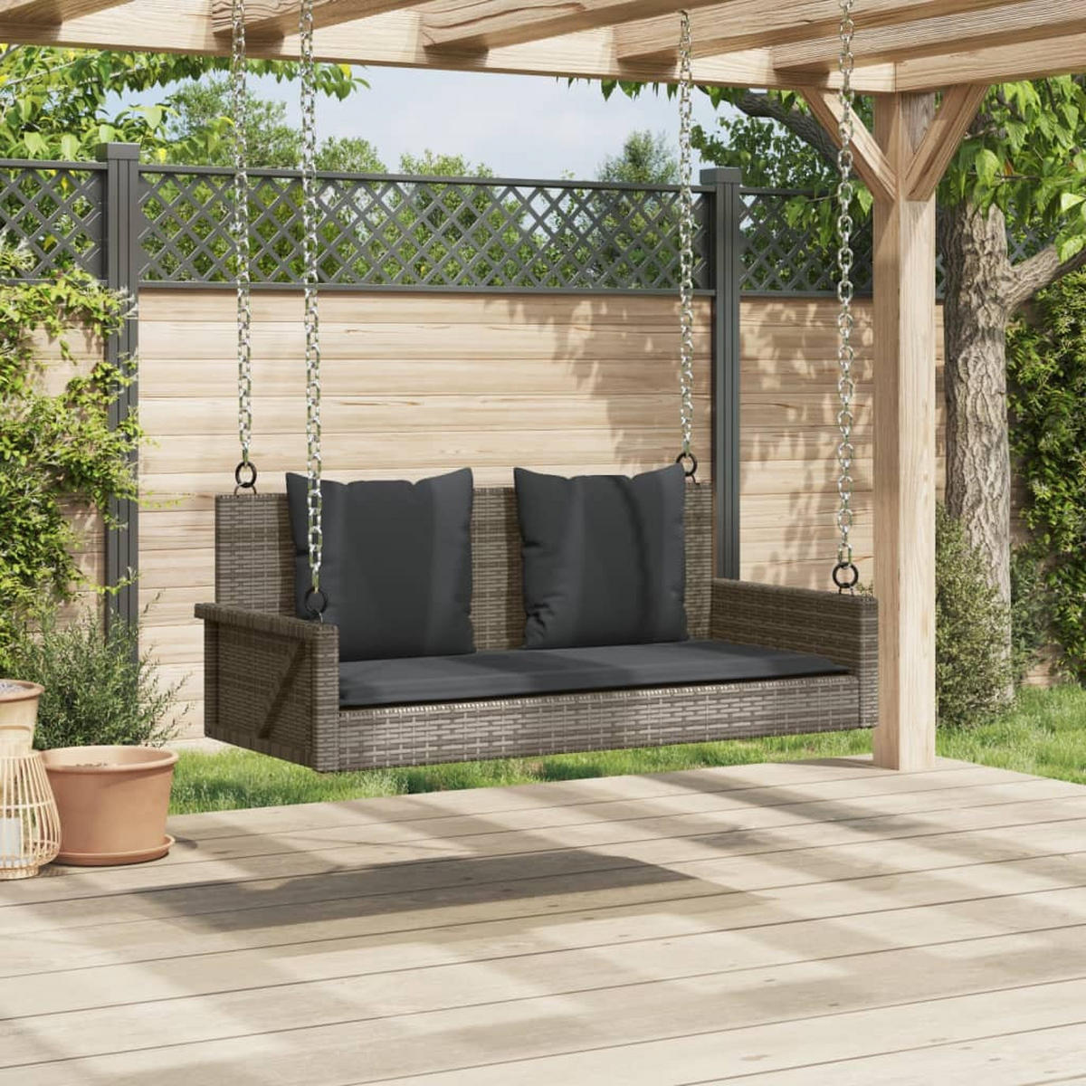 HÄNGEBANK Mit Kissen Grau 119/56/48 Cm Poly Rattan - Grau, Kunststoff (119/48/56cm) - vidaXL