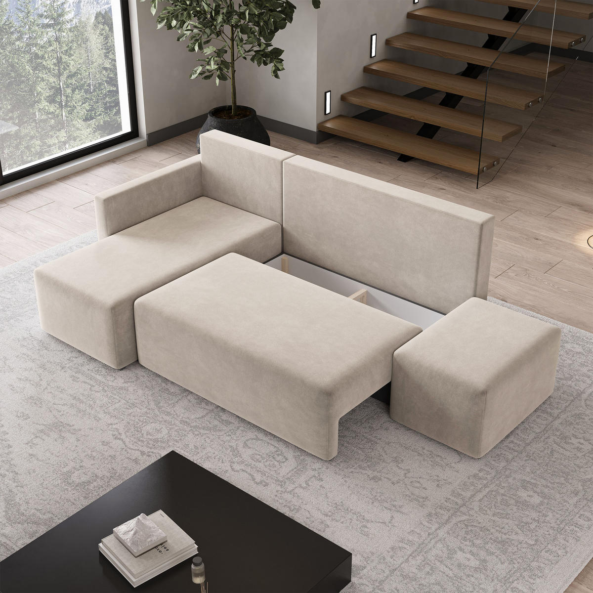 ECKSOFA VELOTTI L-S Beige Plüsch-Stoff mit Schlaffunktion - Beige, Holz (261/143cm) - MASSENO