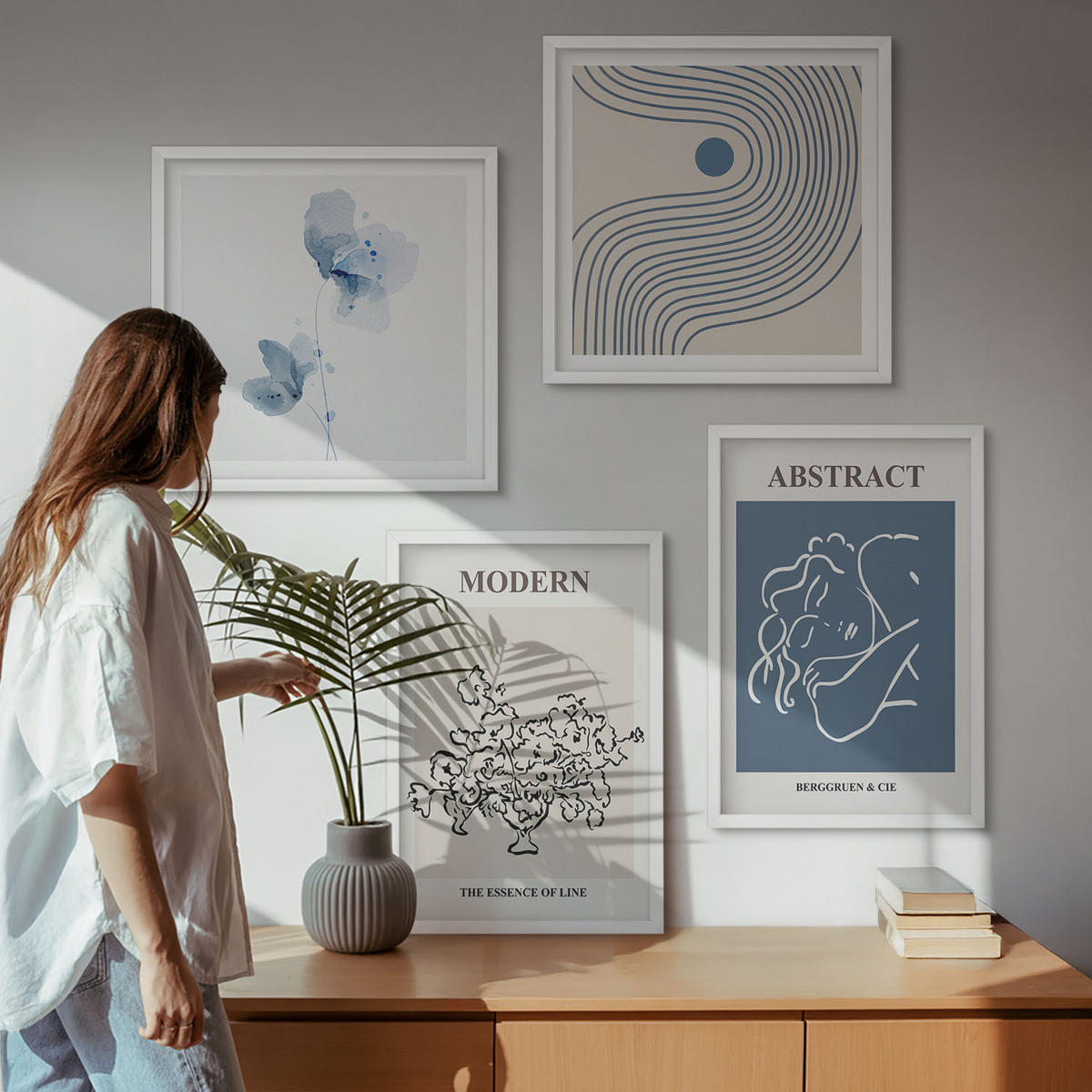 WANDBILDER 4er-Set - 50x50 cm & 40x60 cm Weißer Rahmen - abstrakte Poster mit Blumenlinien - Weiß, Kunststoff (50/50cm) - ArtPrintCave