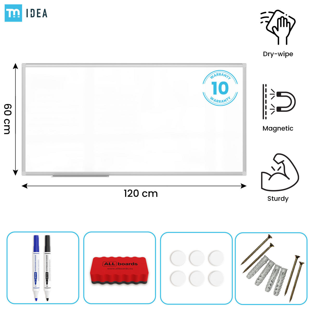 MAGNETISCHES Whiteboard 120x60 cm im Aluminiumrahmen - Reihe TM IDEA® Flex - Weiß, Metall (120/60/1.6cm) - ALLboards