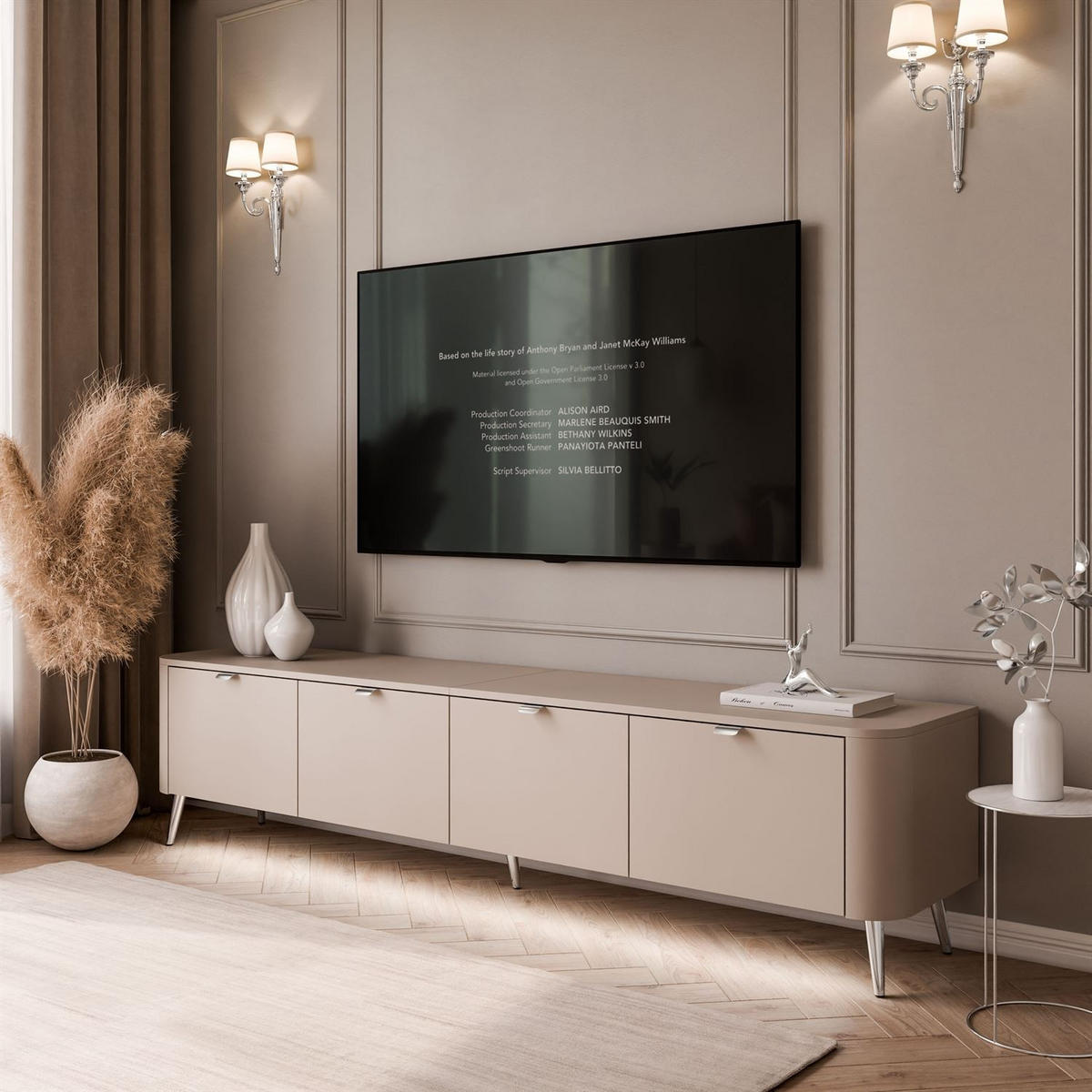 TV-SCHRANK CELESTE 200 cm mit Beleuchtung an den Silber Chrom Füßen - Kaschmir, Holzwerkstoff (200/46.5/40cm) - Lookway