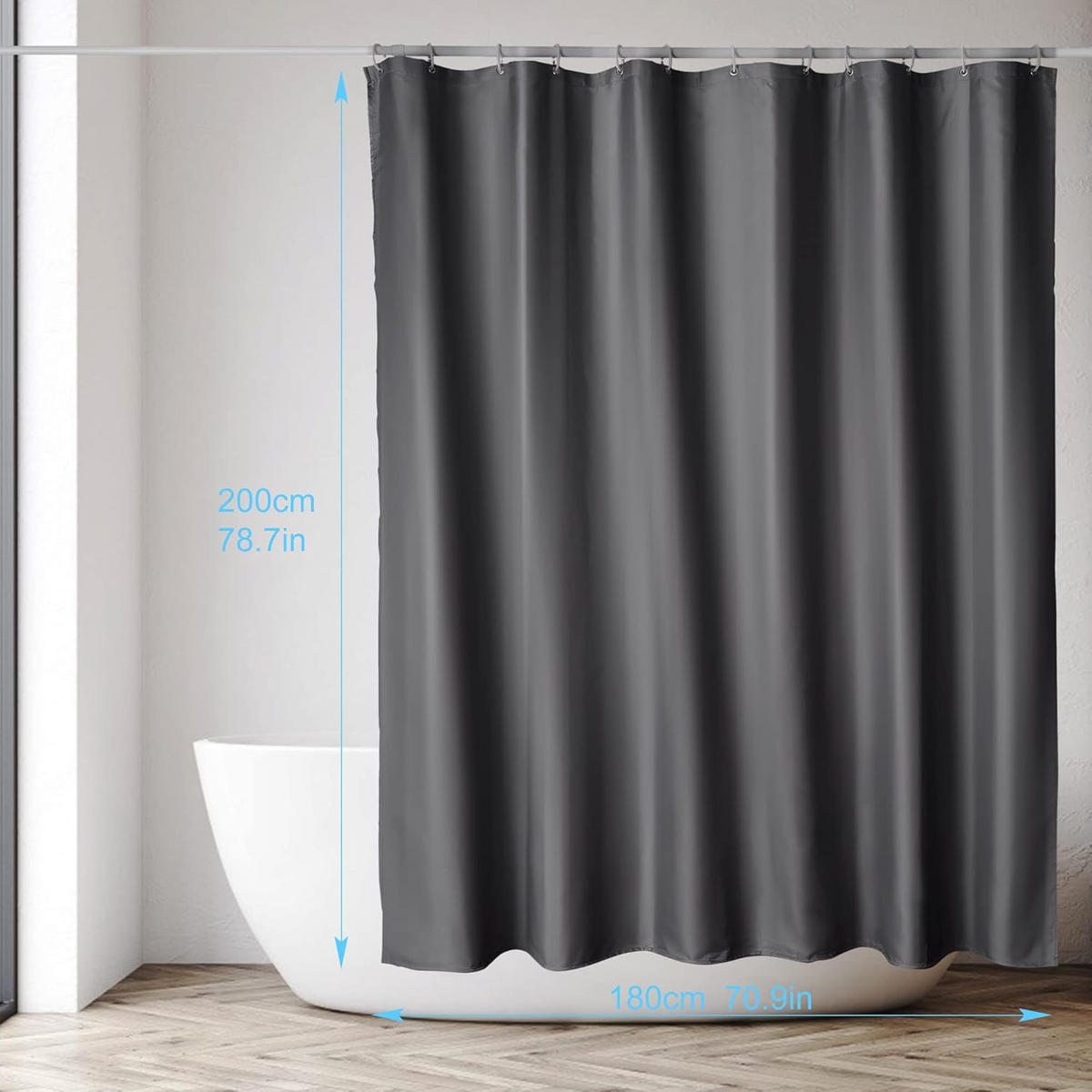 DUSCHVORHANG schnelltrocknend Stoff Polyester wasserdicht maschinenwaschbar Badezimmer halbdurchsichtig mit 12 Clips - Schwarz, Kunststoff (180/200cm) - MCBOSON