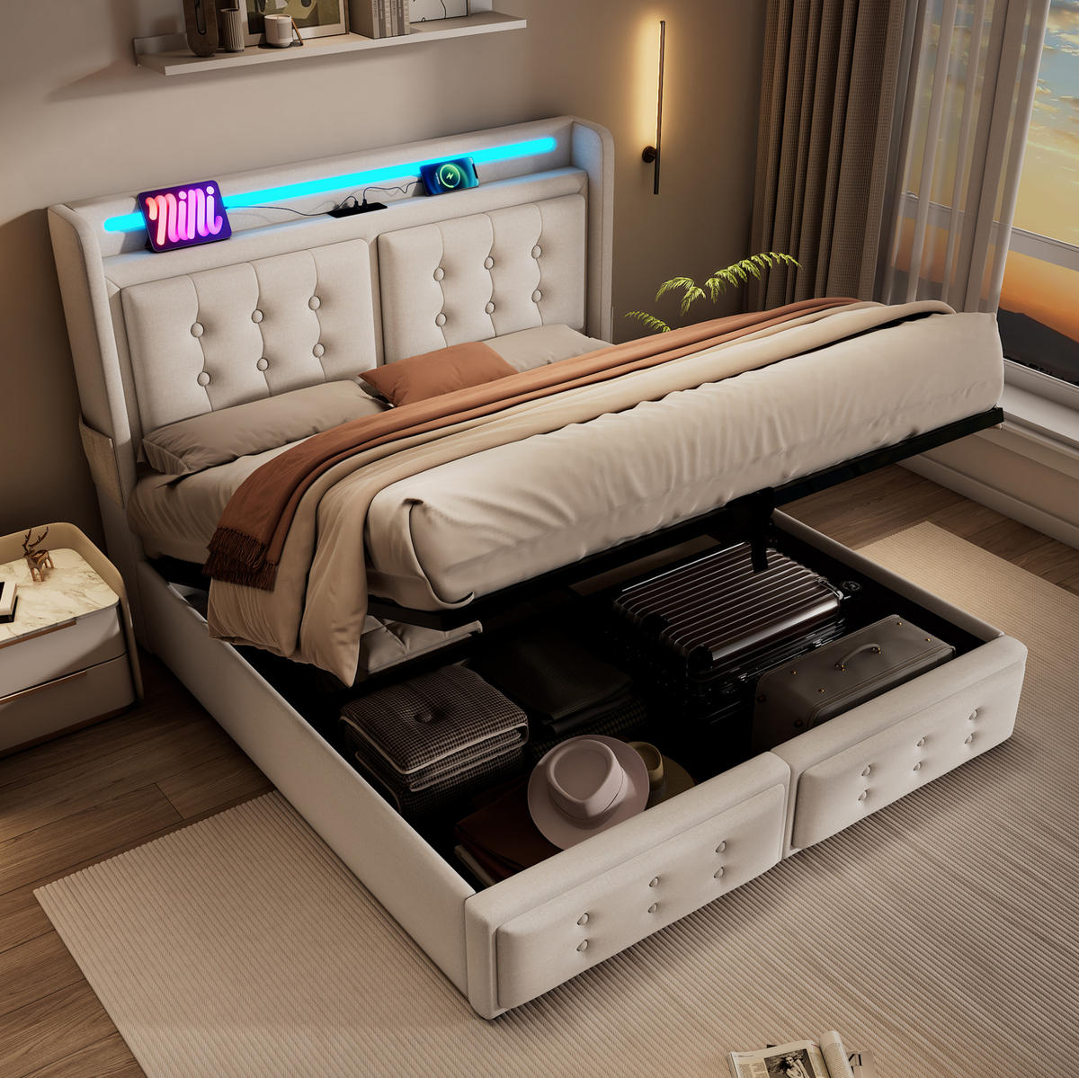 POLSTERBETT mit LED und Stauraum 140x200 cm Beige inkl. Matratze - Beige, Metall (140/200cm) - Meubliv