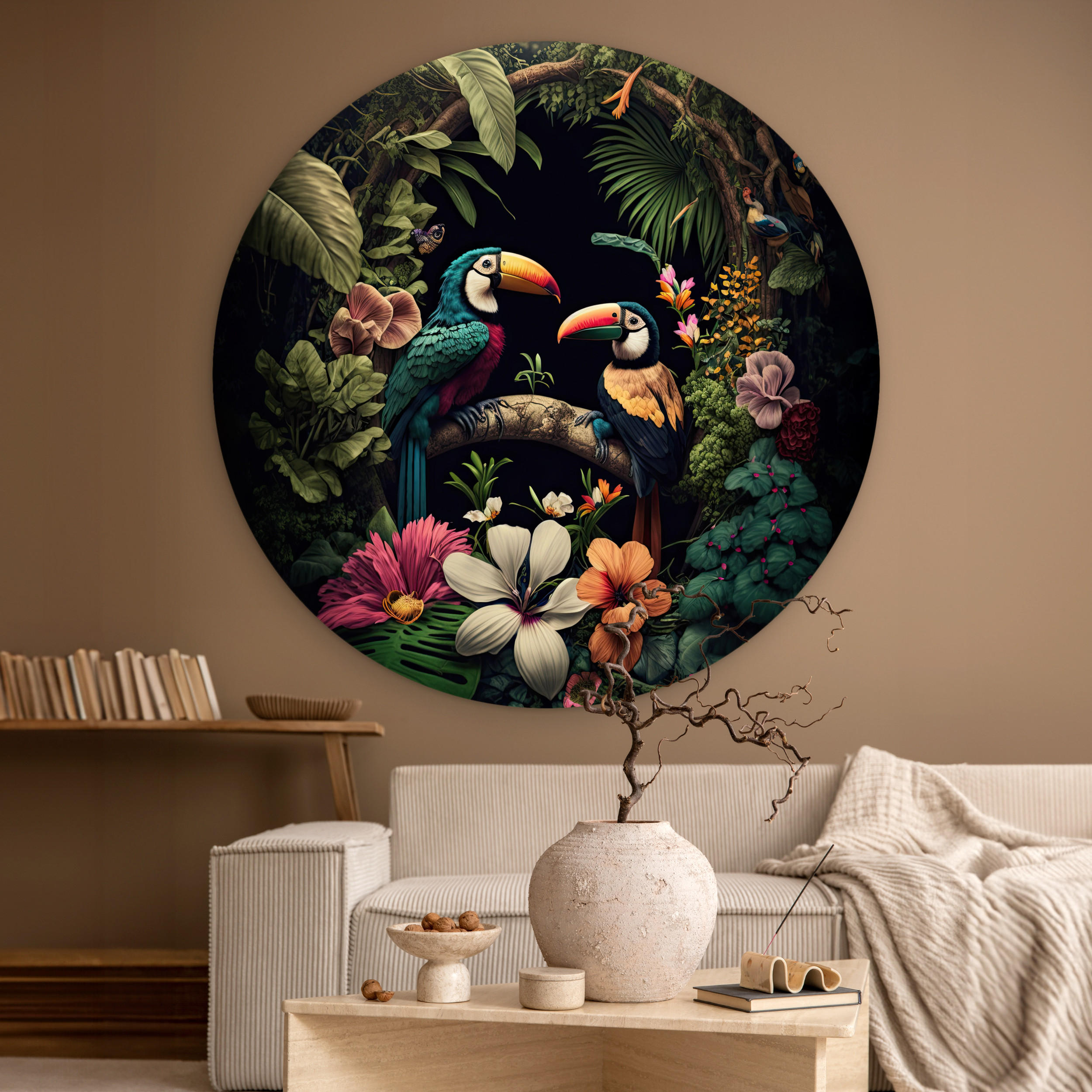 WANDBILD Vogel - Blumen - Pflanzen - Dschungel - Schwarz - Tukan 140x140 cm - Smaragdgrün, Kunststoff (140/140cm) - MuchoWow