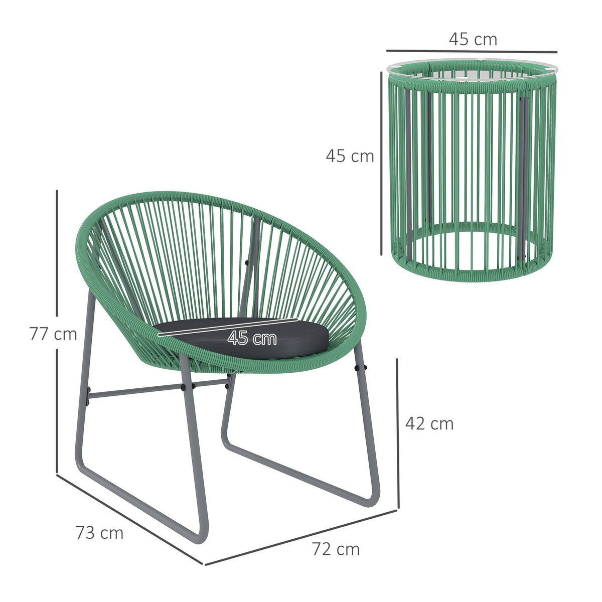 POLYRATTAN GARTENMÖBEL SET 3-tlg. Grün für 2 Personen mit 2 Stühlen & Beistelltisch - Grün, Metall - ComfortXL