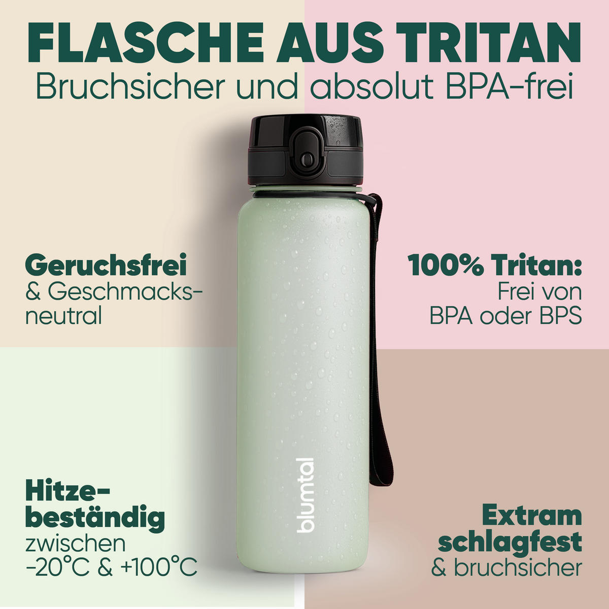 TRINKFLASCHE 0,5L - auslaufsichere - 1-Klick-Verschluss - BPA - freie - Hellgrün - Hellgrün, Kunststoff (0.5L) - Blumtal
