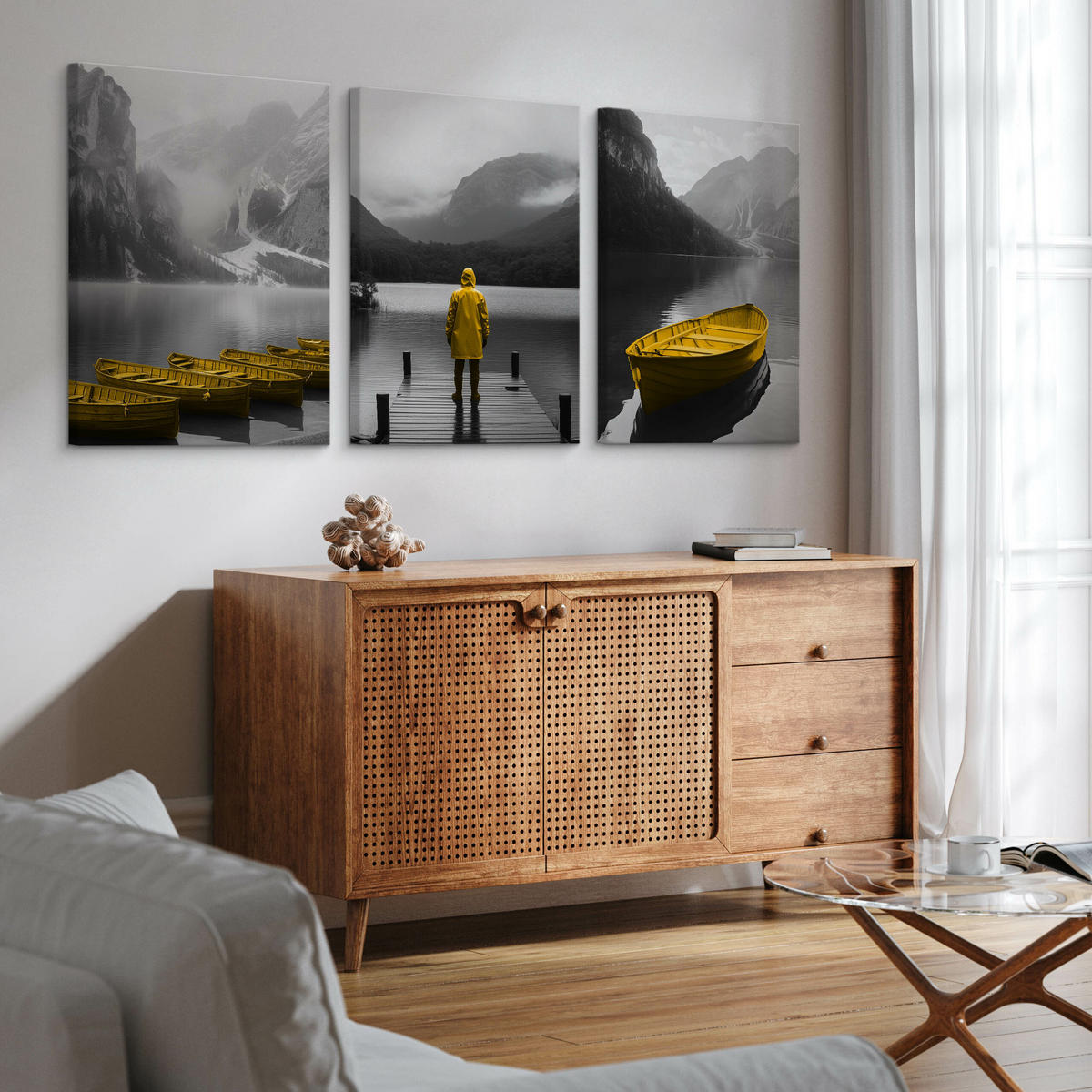 LEINWANDBILDER 3-es Set Bergen Natur 3D - Gelb/Schwarz, Textil (90/40cm) - Muralo