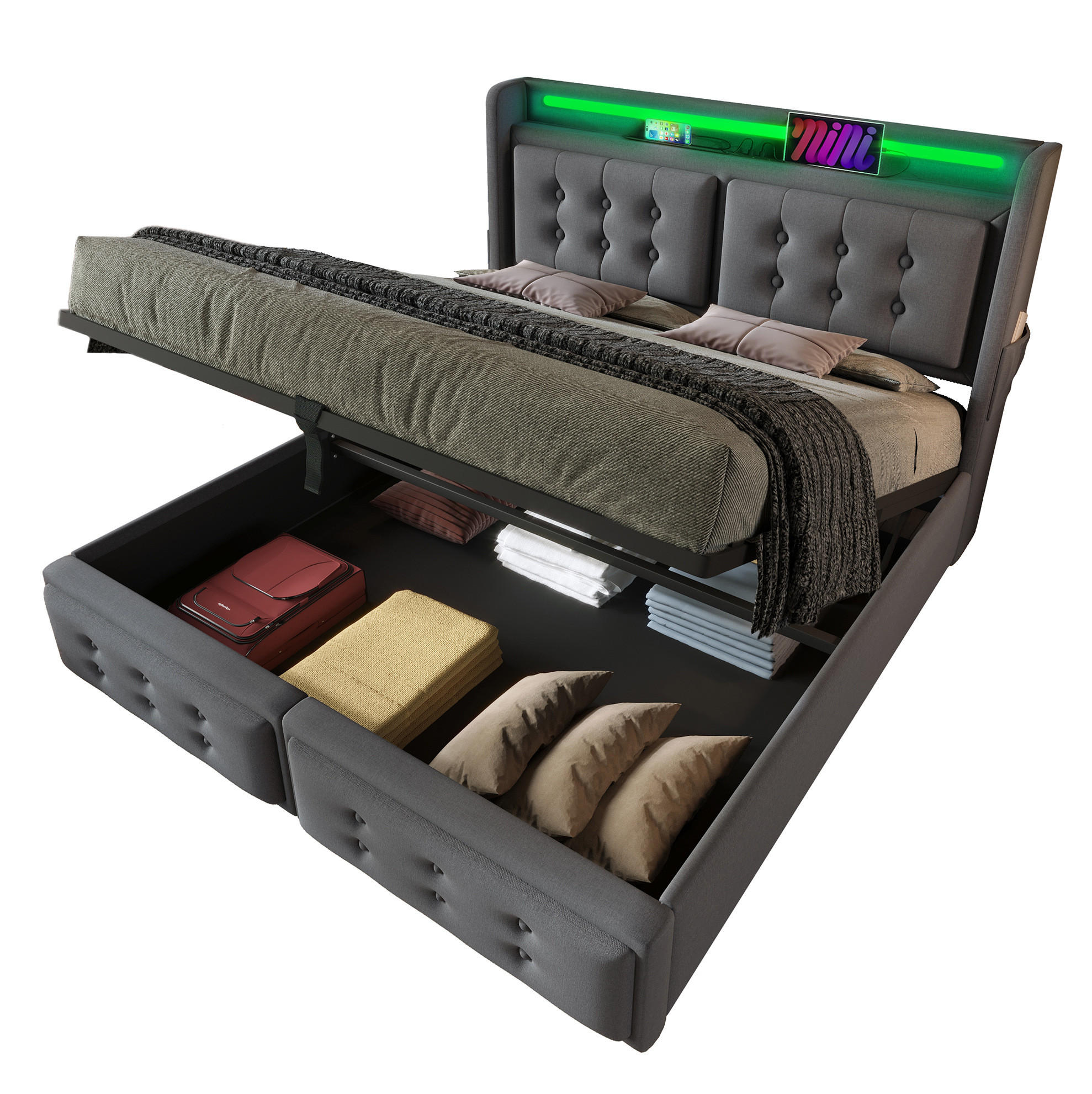 POLSTERBETT 160/200 cm Grau mit LED-Beleuchtung, Bettkasten und USB-Anschlüssen - Grau, Textil (160/200cm) - Flora Grace
