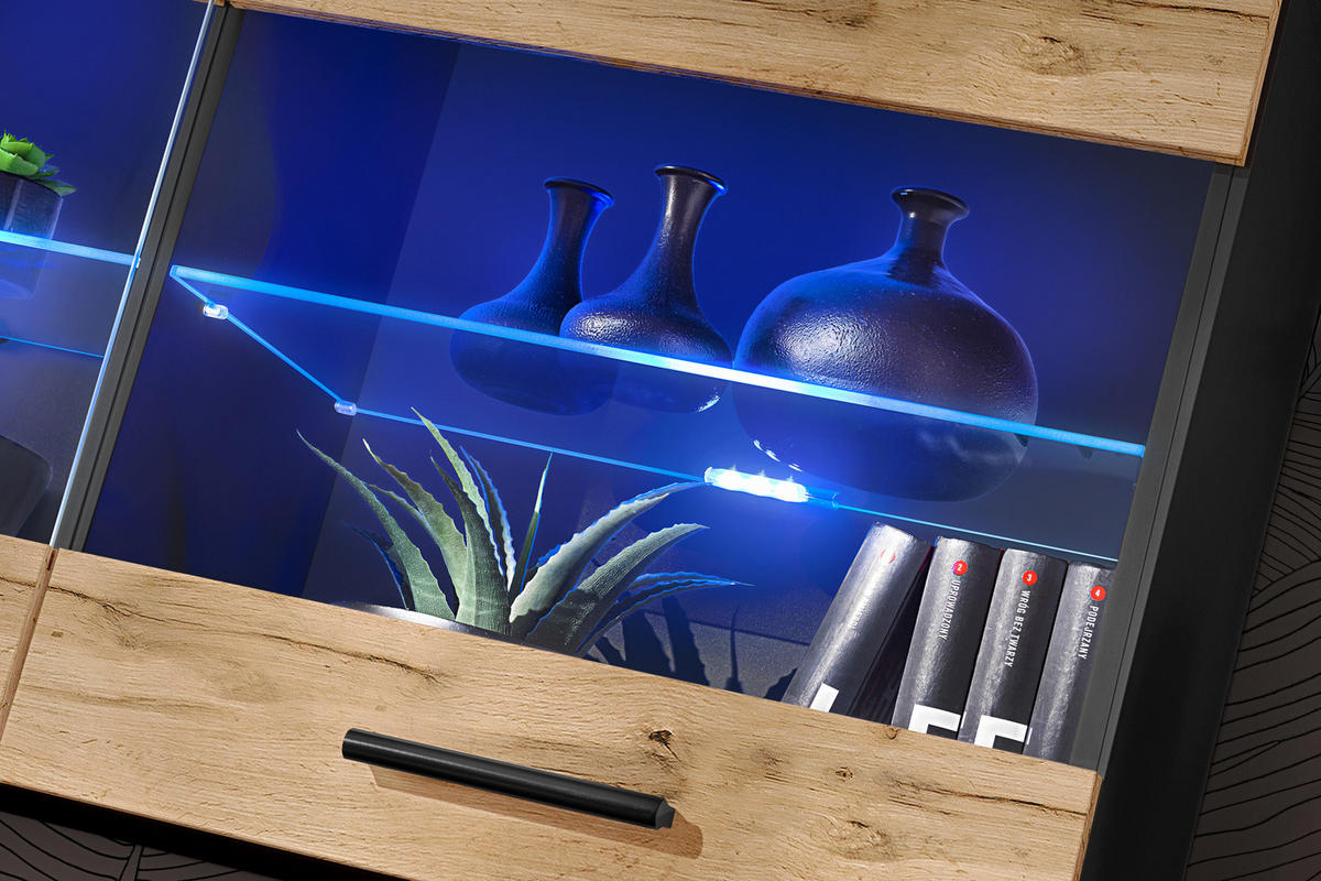 HÄNGEVITRINE SAVONA, Wotan, LED Blau - Eiche Wotan/Schwarz, Glas/Holzwerkstoff (100/50/27.2cm) - Komodee