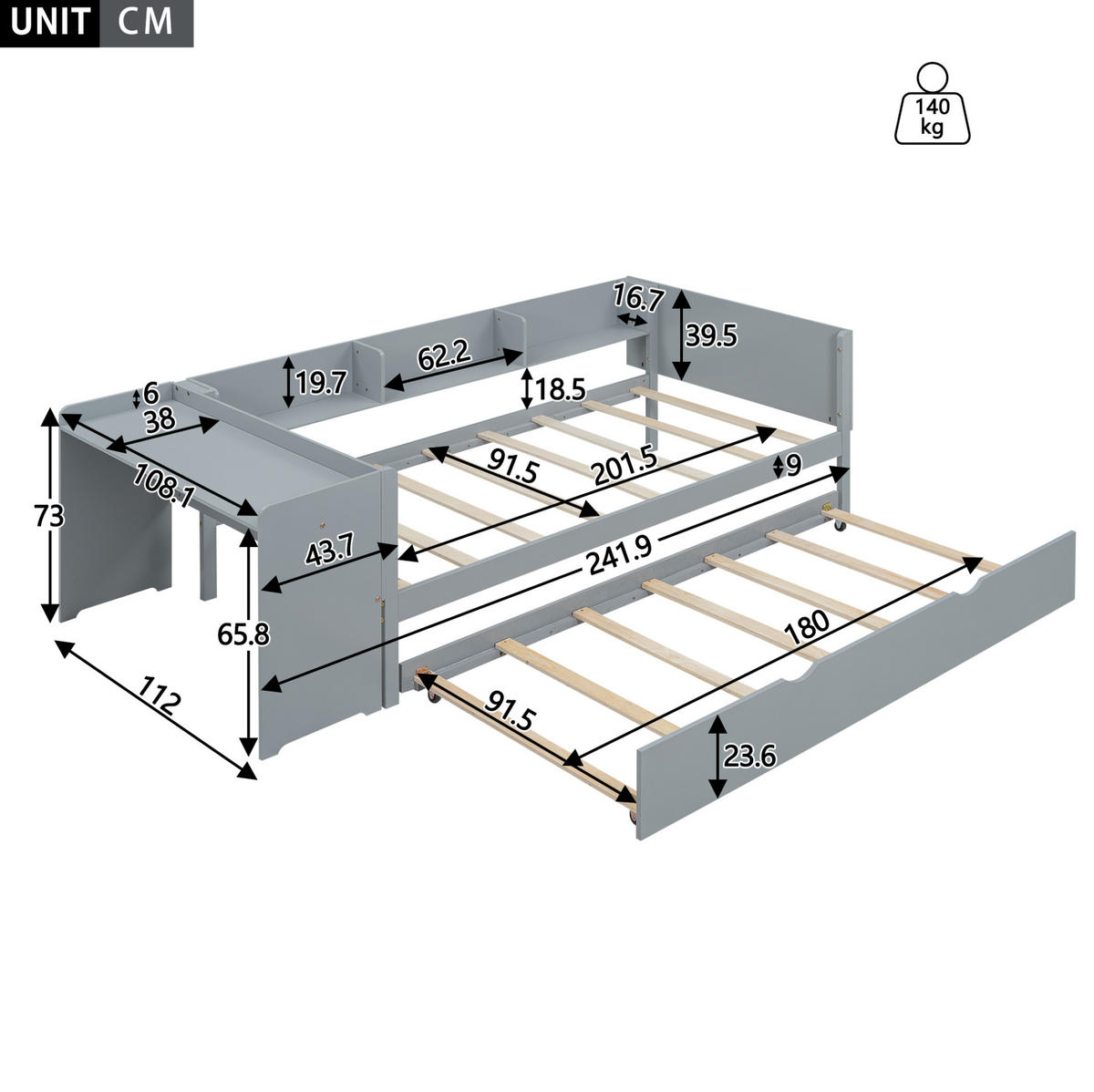 POLSTERBETT 90/200 cm Grau aus Kiefernholz und MDF mit Ausziehbett und Schreibtisch - Grau, Holz (90/200cm) - OKMYHOME