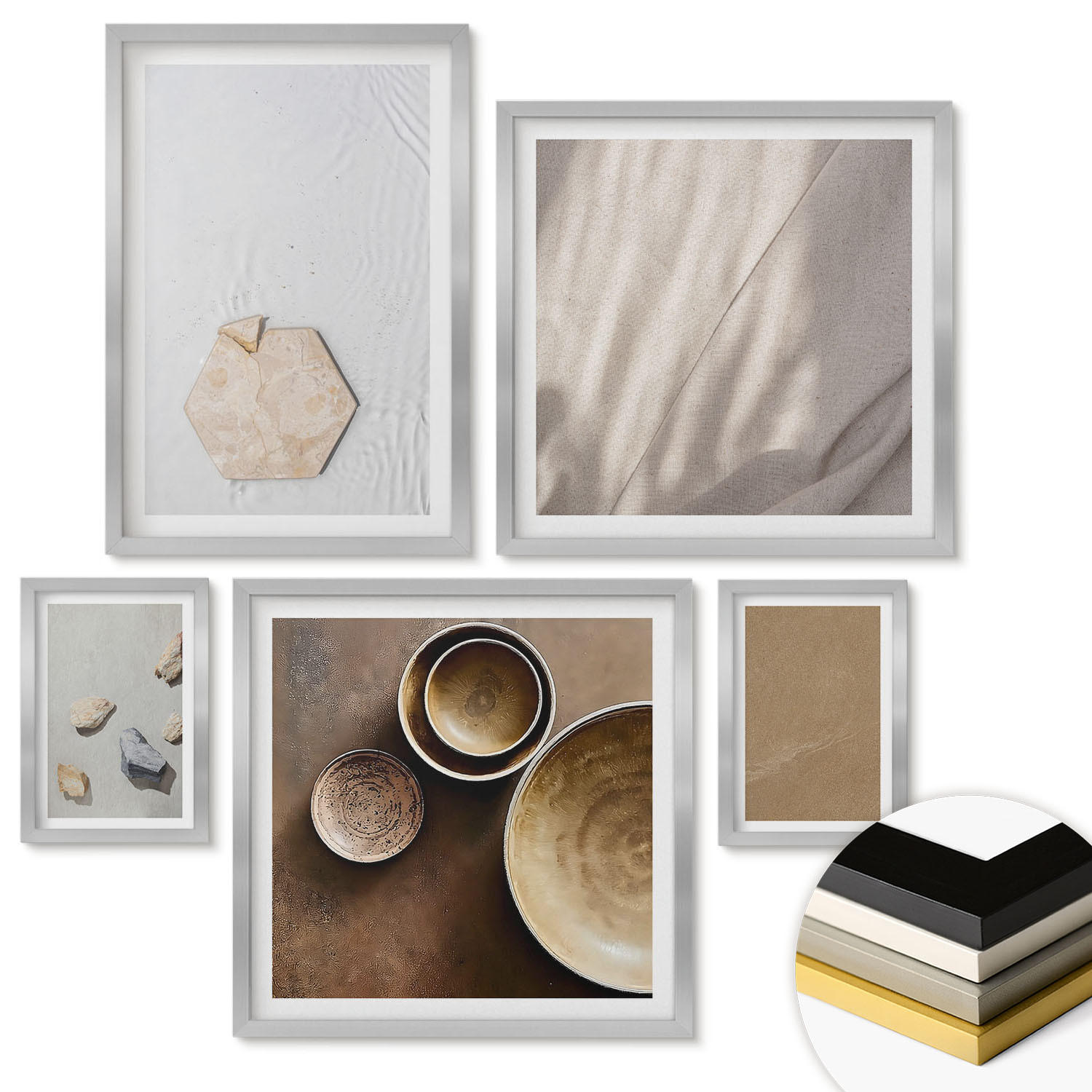 WANDBILDER 5er Set - 50x50 cm & 20x30 cm & 40x60 cm Silberner Rahmen - Minimalistische warme Texturen - Silberfarben, Kunststoff (40/60cm) - ArtPrintCave