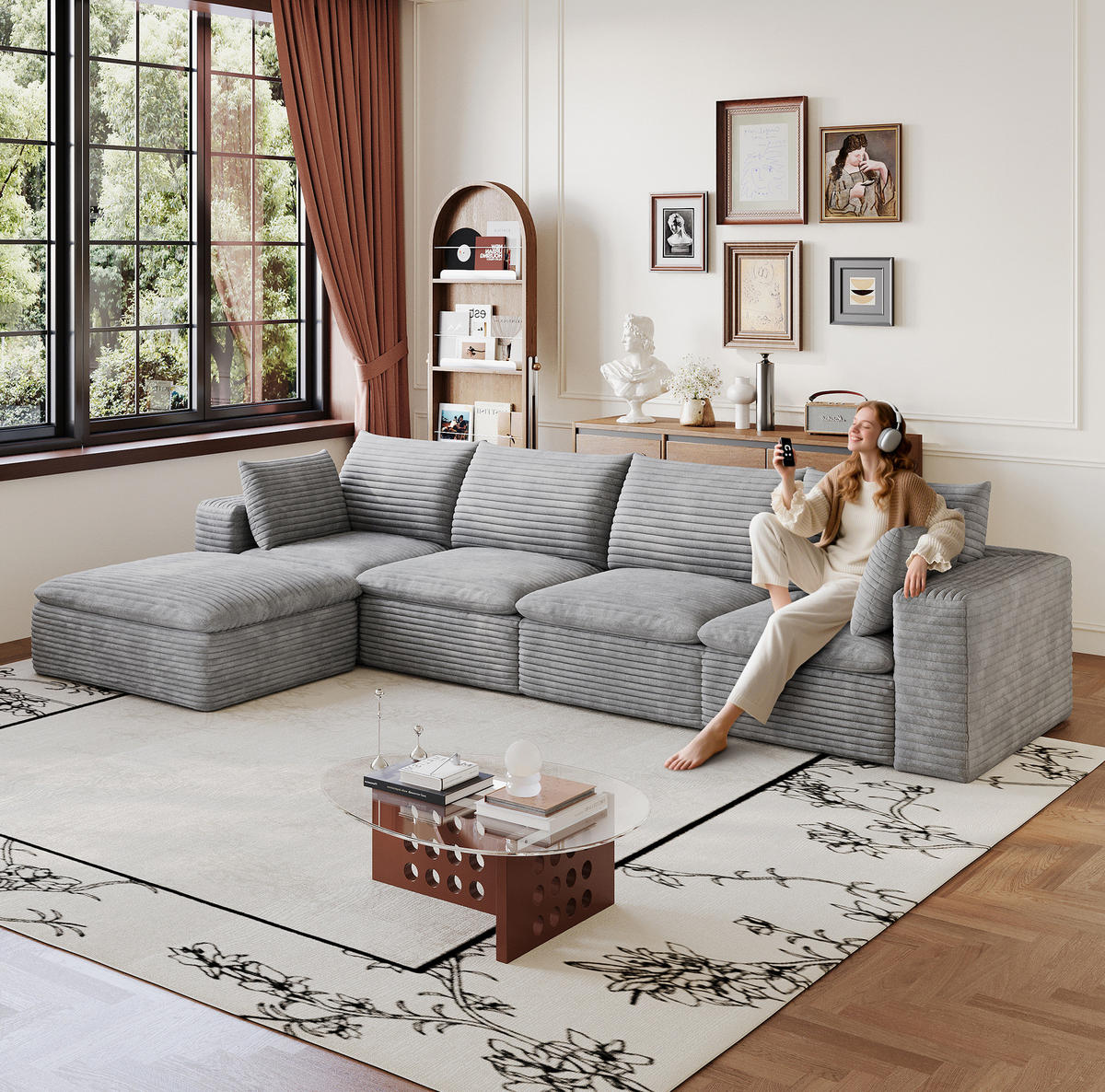 ECKSOFA aus Stoff 340 cm Grau modular, mit abnehmbarer Polsterung und Schaumstoffkern - Grau, Textil (340/160cm) - Modfu
