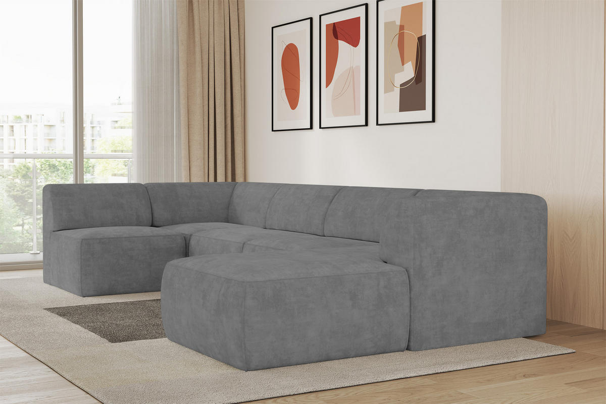 WOHNLANDSCHAFT Ottomane Rechts MOVO-L 345x180x78 cm Grau Velours - Taupe, Holzwerkstoff/Kunststoff (180/78/345cm) - ALTDECOR