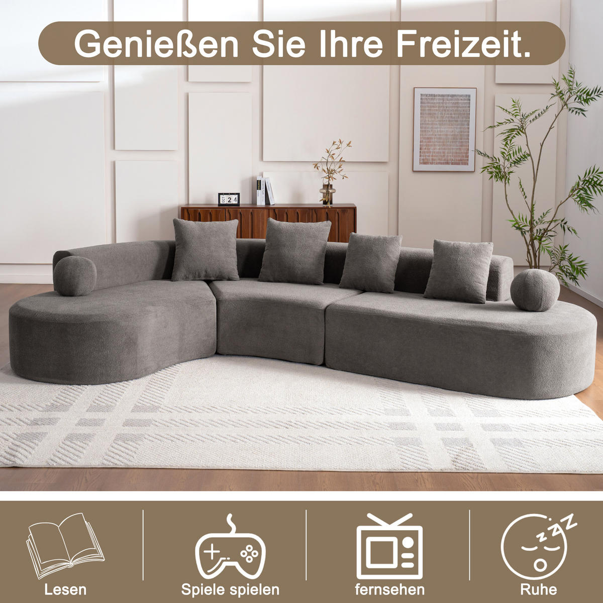 5-SITZER ECKSOFA Chenille Grau mit Kissen - Grau, Textil (327/215cm) - WISHDOR