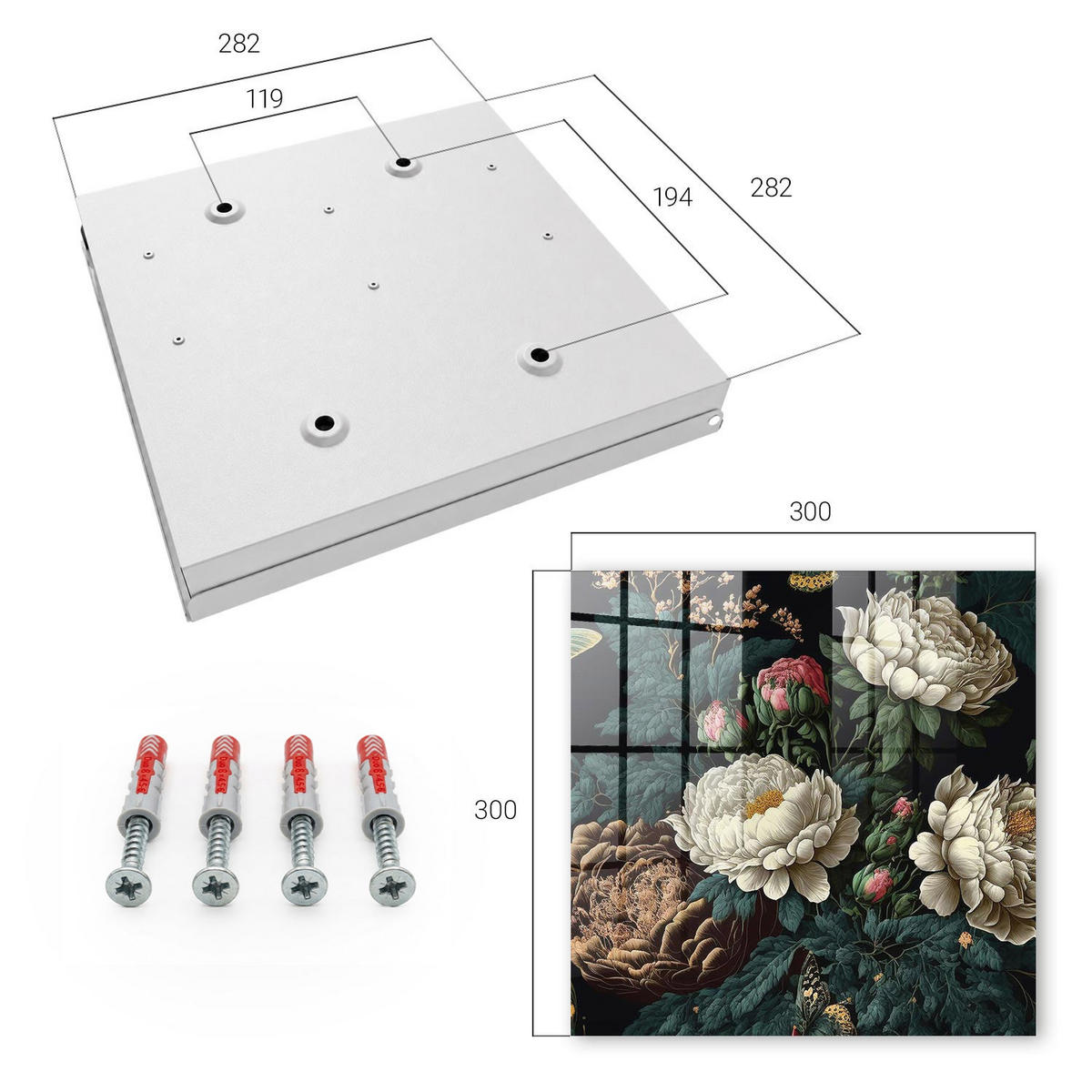 SCHLÜSSELBOX Weiß 30x30 cm – Türöffnung nach rechts - Pfingstrosen - Grün, Metall (30/30/5cm) - TULUP