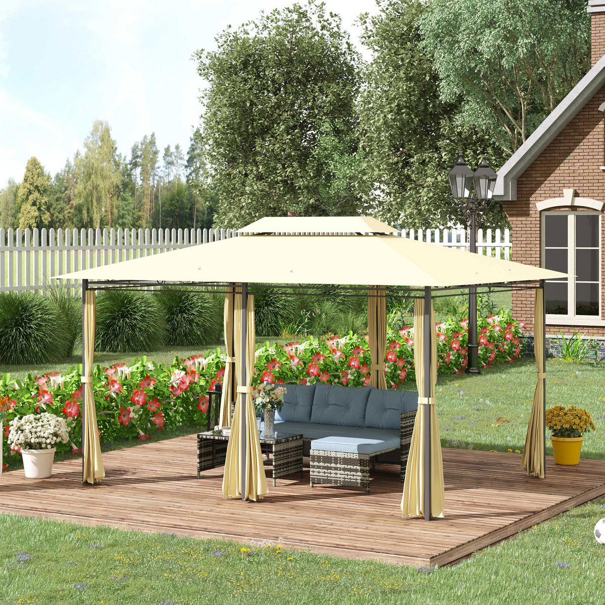 GARTENPAVILLON Partyzelt Pavillon Gartenzelt Festzelt Zelt Doppeldach 3x4 m - Beige, Metall (300/280/400cm) - Outsunny