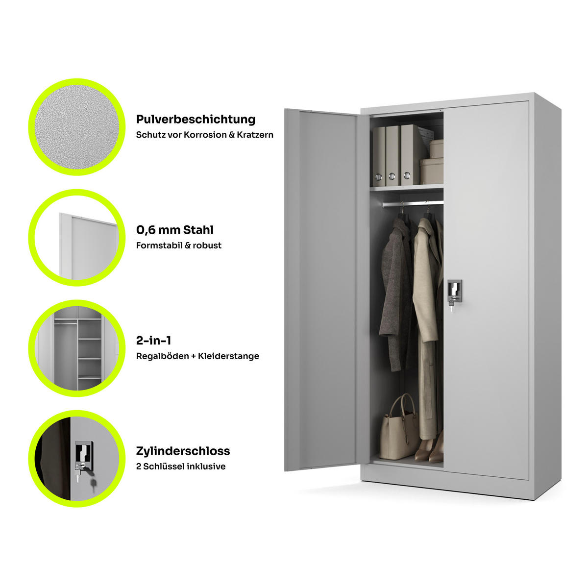 AKTENSCHRANK Sozialraumschrank aus Stahl Metallschrank für Büro Stahlschrank für Dokumente Akten Hellgrau 90x45x185cm - Hellgrau, Metall (90/185/45cm) - Muralo