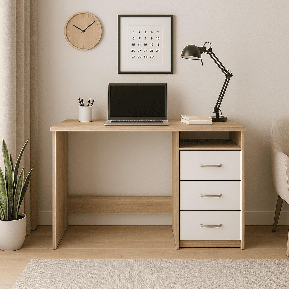 SCHREIBTISCH 1 Fach 3 Schubladen L123 cm - Aristote - Eichefarben/Weiß, Holzwerkstoff (123/50.1/76.5cm) - Calicosy