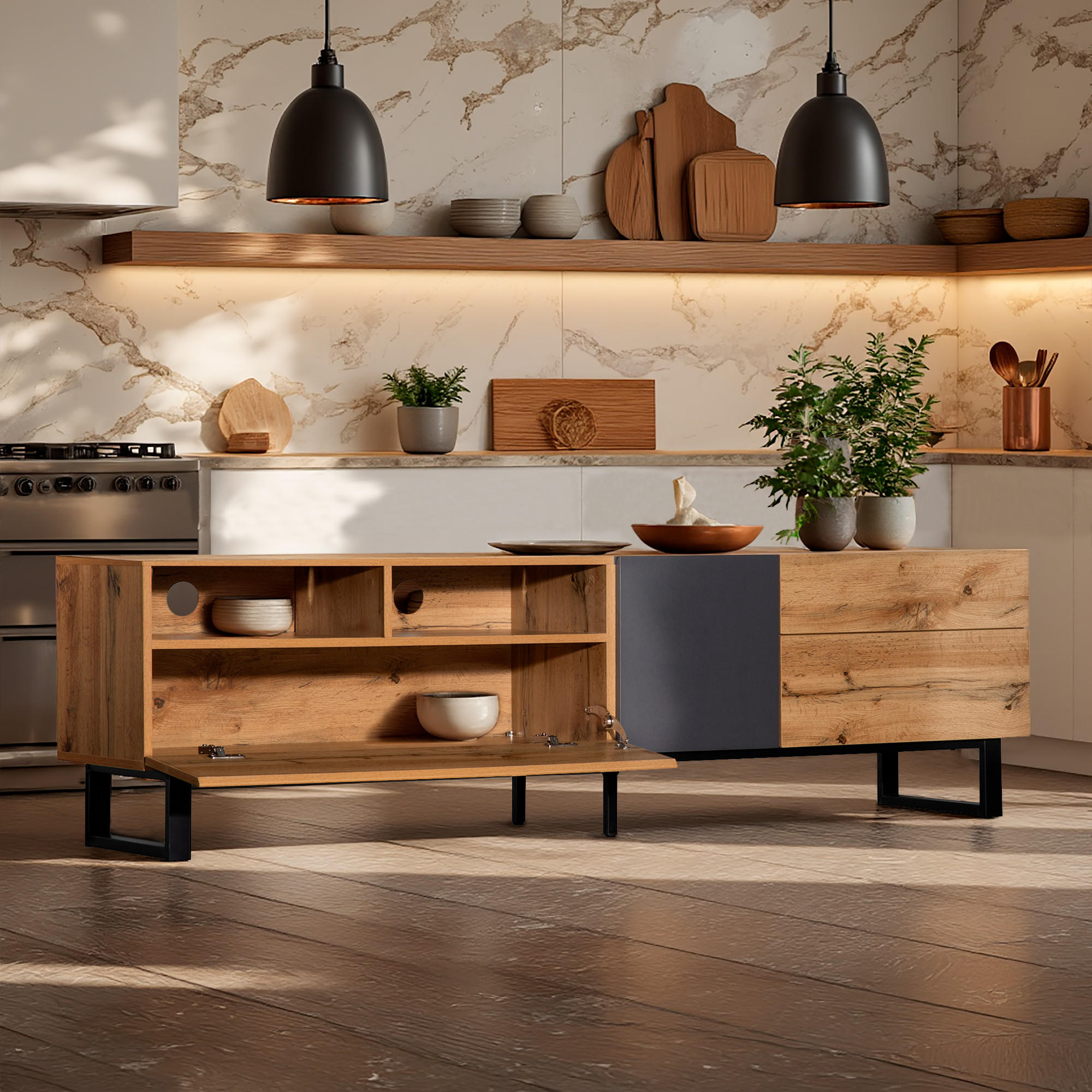 SIDEBOARD Industrieller Stil 180/38/50 cm - Eichefarben, Holzwerkstoff (38/50/180cm) - Urban Meuble