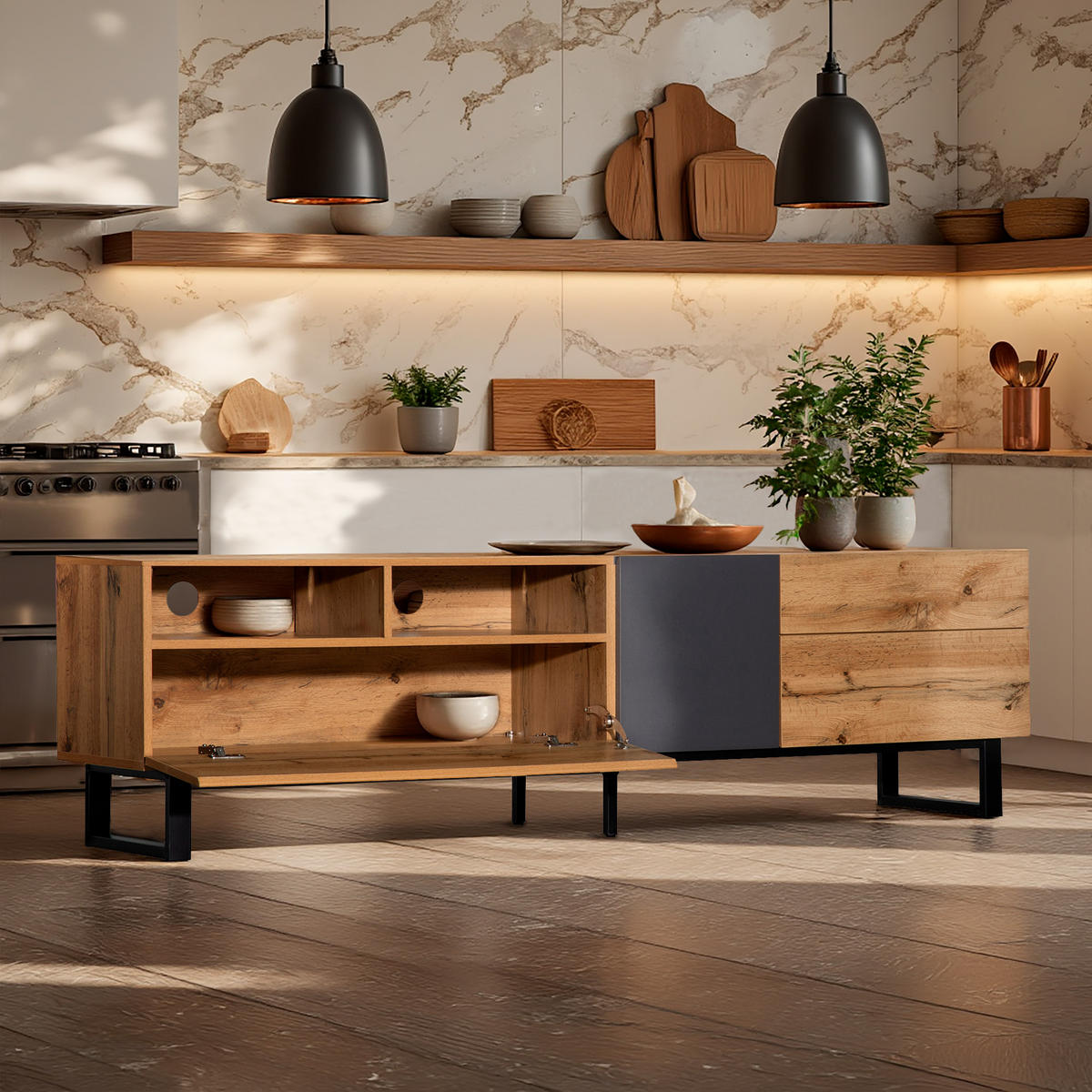 SIDEBOARD Industrieller Stil 180/38/50 cm - Eichefarben, Holzwerkstoff (38/50/180cm) - Urban Meuble
