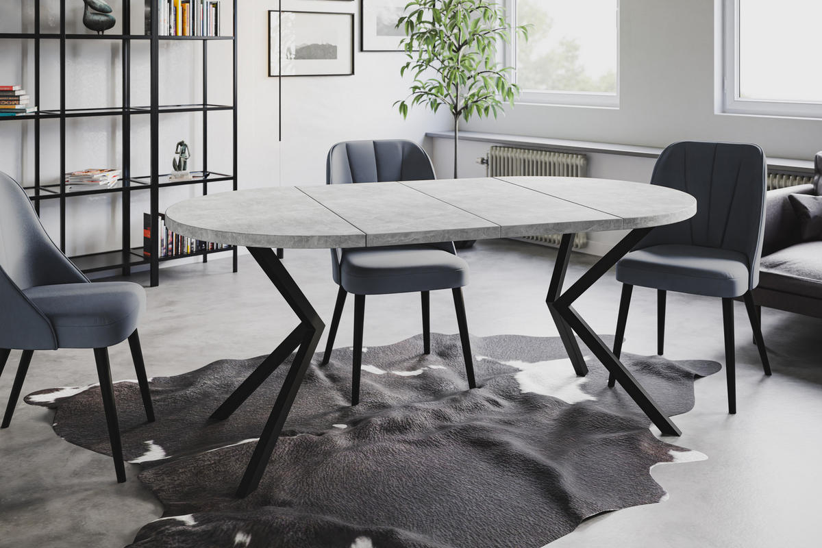 ESSZIMMERTISCH LOFT LITEN, ausziehbarer Tisch 120 cm/200 cm, Farbe: Hellgrau, mit Metallbeinen in Farbe Schwarz - Schwarz/Grau, Holzwerkstoff (120/120/76cm) - Alpi-Möbel