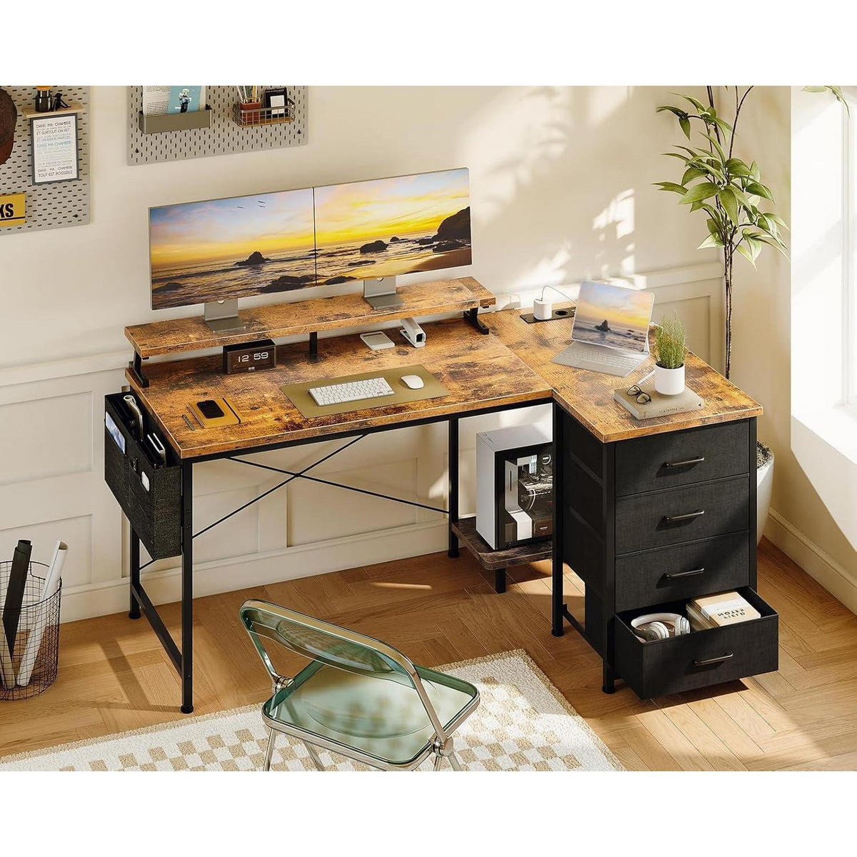 SCHREIBTISCH L Form 140 x 80 cm Braun mit Monitorablage und USB - Braun, Holzwerkstoff (140/80/84.7cm)