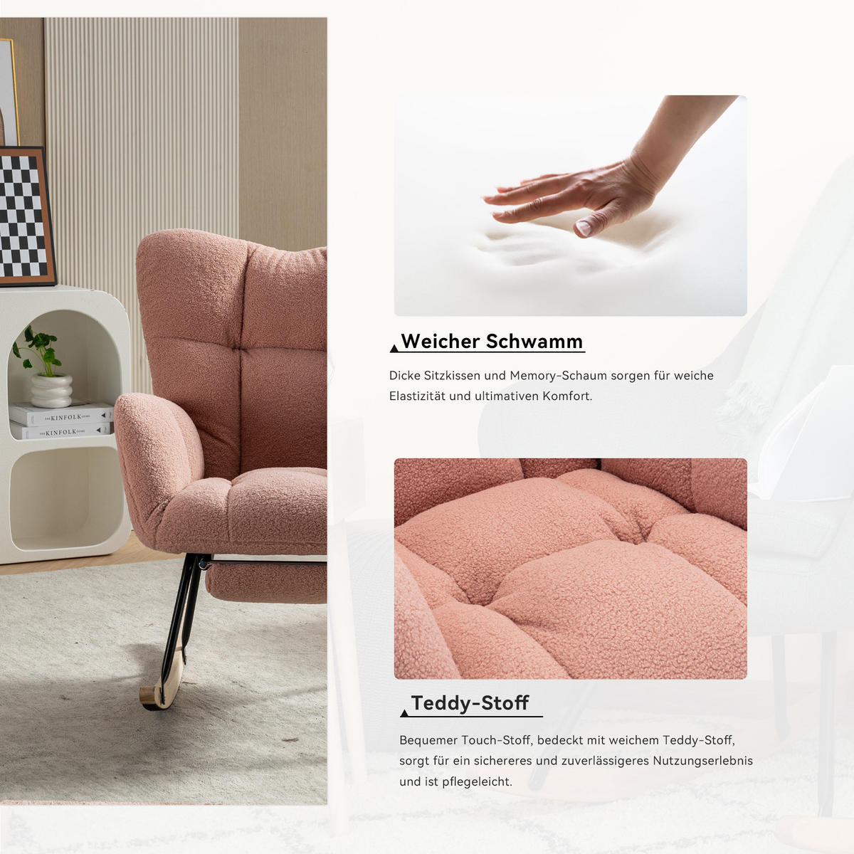 SCHAUKELSTUHL Teddy-Stoff mit klappbarer Fußablage 80/98/98.5 cm Rosa - Rosa, Textil (98/98.5/80cm) - Redom