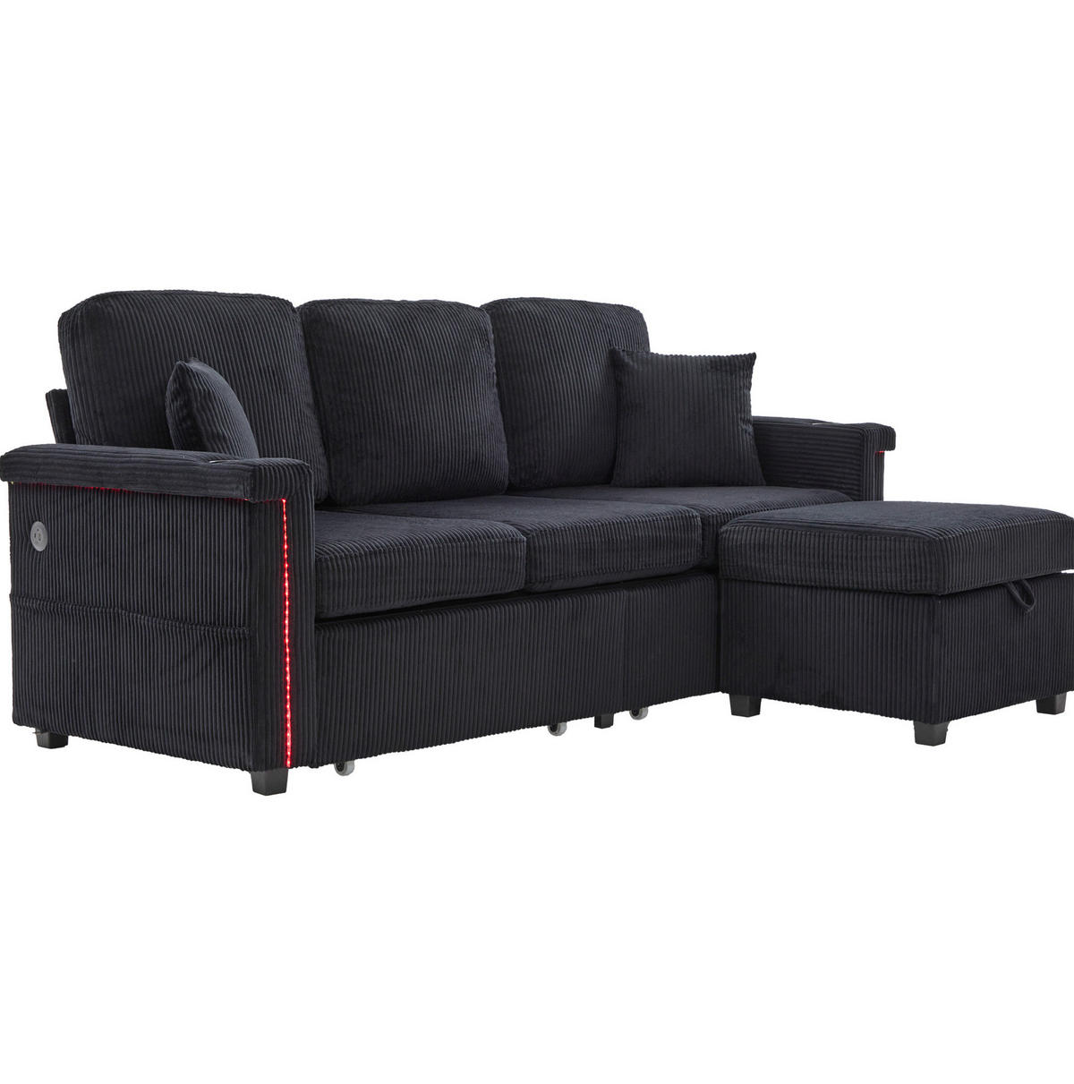 SOFA mit LED und USB/Type-C ca. 194 x 73 x 81 cm Corduroy Schwarz - Schwarz, Kunststoff (194/81/73cm) - Meubliv