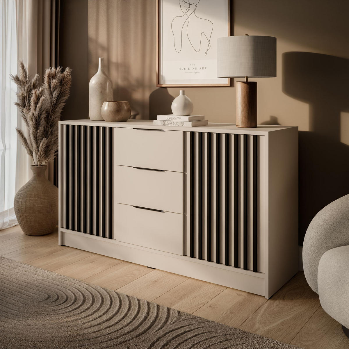 KOMMODE NELA, zweitürig mit Lamellen, Kaschmir/Schwarz - Kaschmir, Holzwerkstoff (155/86/45cm) - Lookway