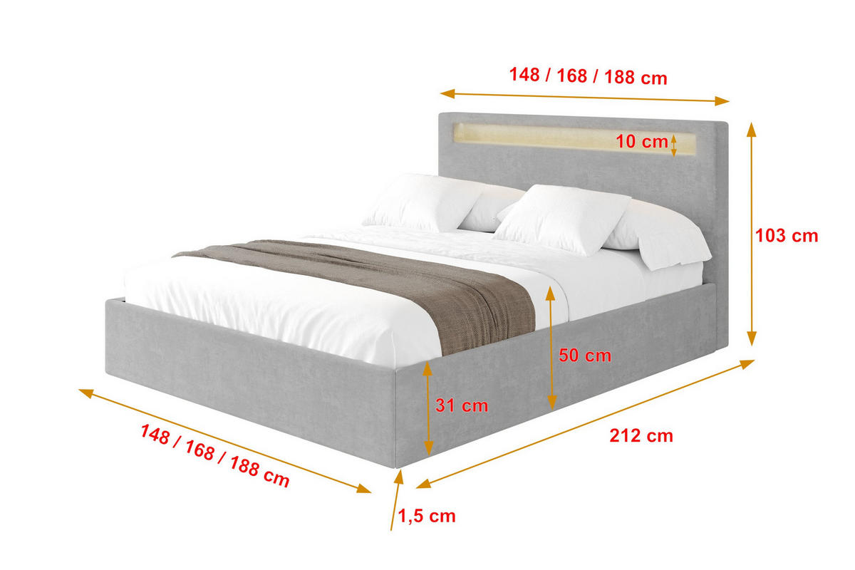 POLSTERBETT mit Bettkasten und Lattenrost, Boxbett ohne Matratze - GOLA 180x200 Grau - Hellgrau, Holzwerkstoff/Textil (180/200cm) - ALTDECOR