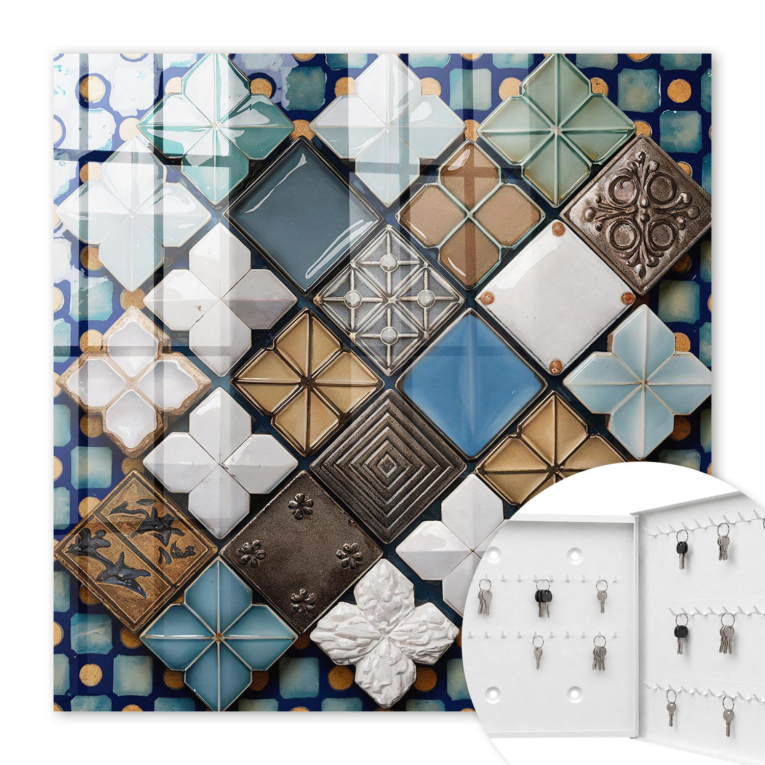 SCHLÜSSELBOX Weiß 30x30 cm – Türöffnung nach rechts - Fliesenmuster - Blau, Metall (30/30/5cm) - TULUP