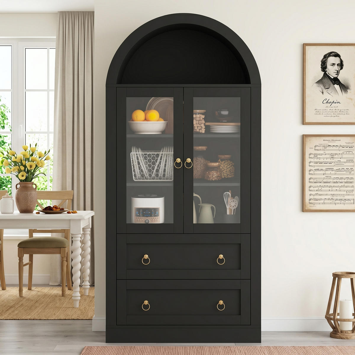 AUFBEWAHRUNGSSCHRANK 170cm Glastüren Schubladen Schwarz - Schwarz, Holzwerkstoff (80/170/36cm) - FLIEKS