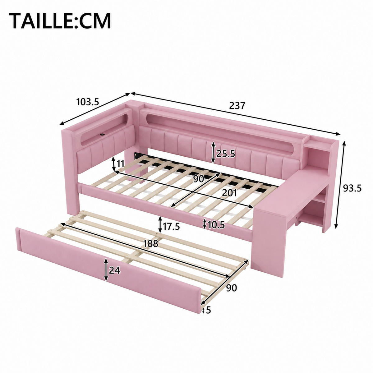 JUGENDBETT 90/200 mit Ausziehbett, Schreibtisch und LED in Rosa - Rosa, Holzwerkstoff/Textil (90/200cm) - EVRYAE