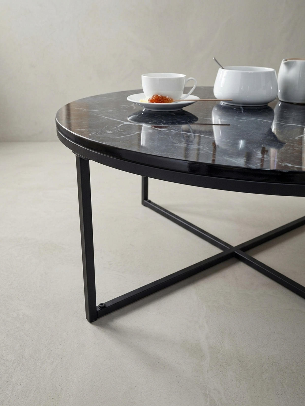 COUCHTISCH mit Marmor-Optik und Hochglanz-Finish, rund, Schwarz 80x80x35 cm - Schwarz, Holz/Metall (80/80/35cm) - KADIMA DESIGN