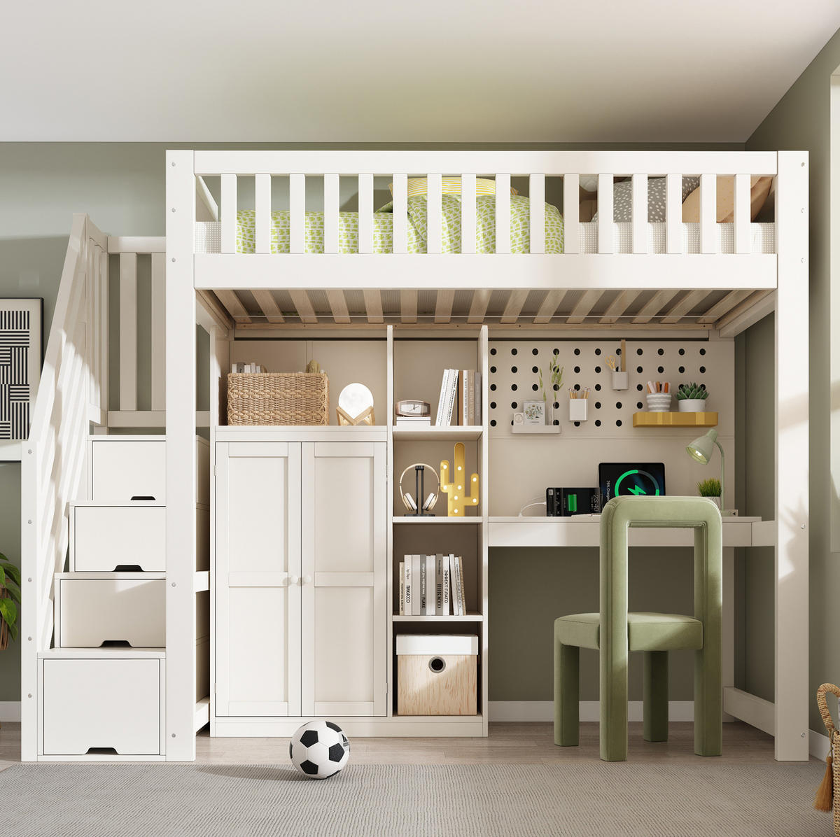 HOCHBETT 90/200 cm Weiß mit Schreibtisch, Kleiderschrank und USB-/Type-C-Anschlüssen - Weiß, Holzwerkstoff (90/200cm) - Flora Grace