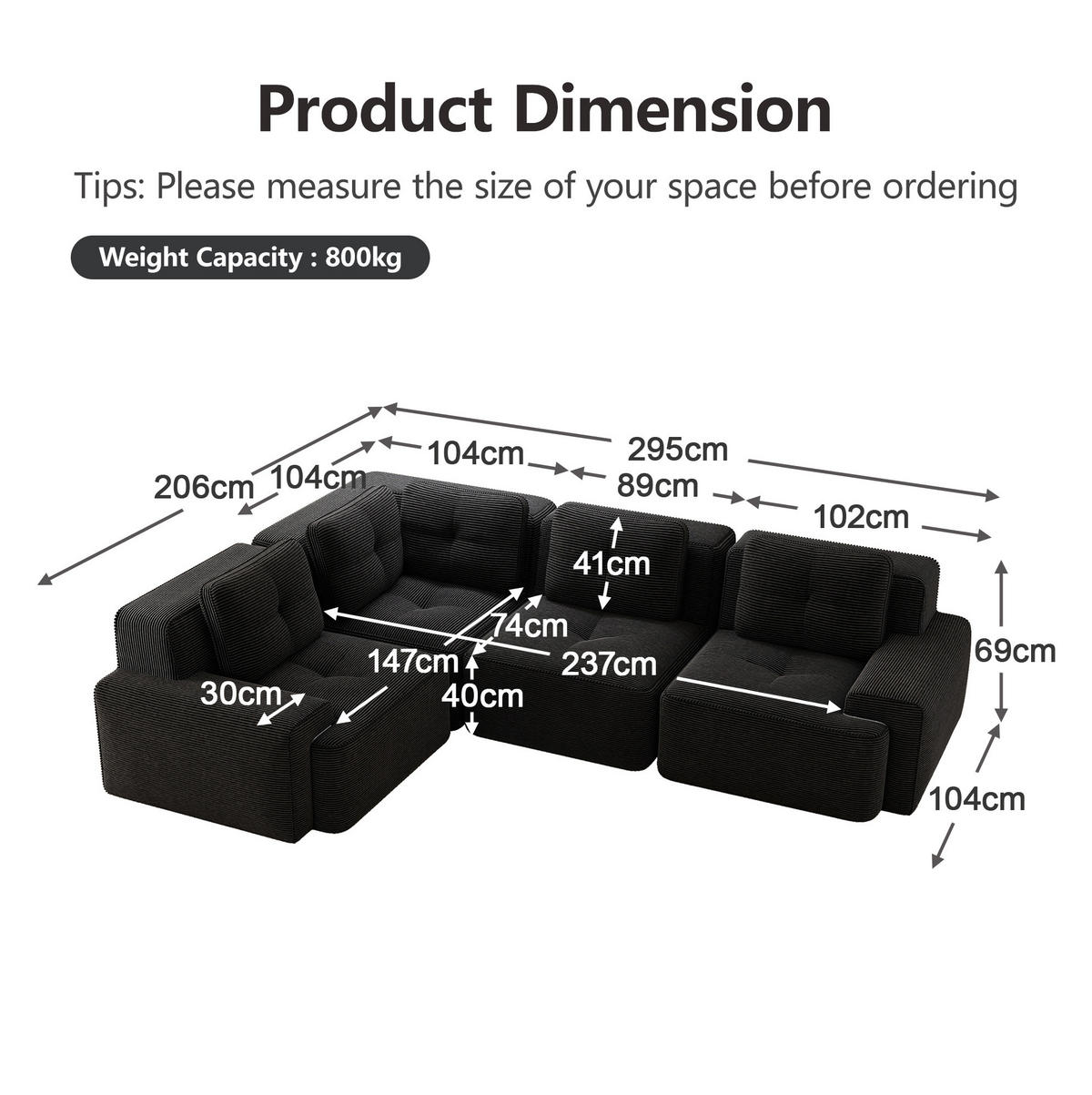 ECKSOFA aus Cord mit modularem Design Schwarz - Schwarz, Textil (104/382cm) - Modenvie