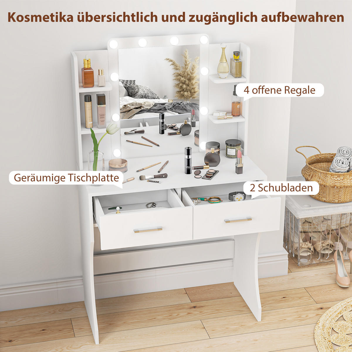 SCHMINKTISCH mit 2 Schubladen, Weiß - Weiß, Karton (40/132/80cm) - HOMCOM